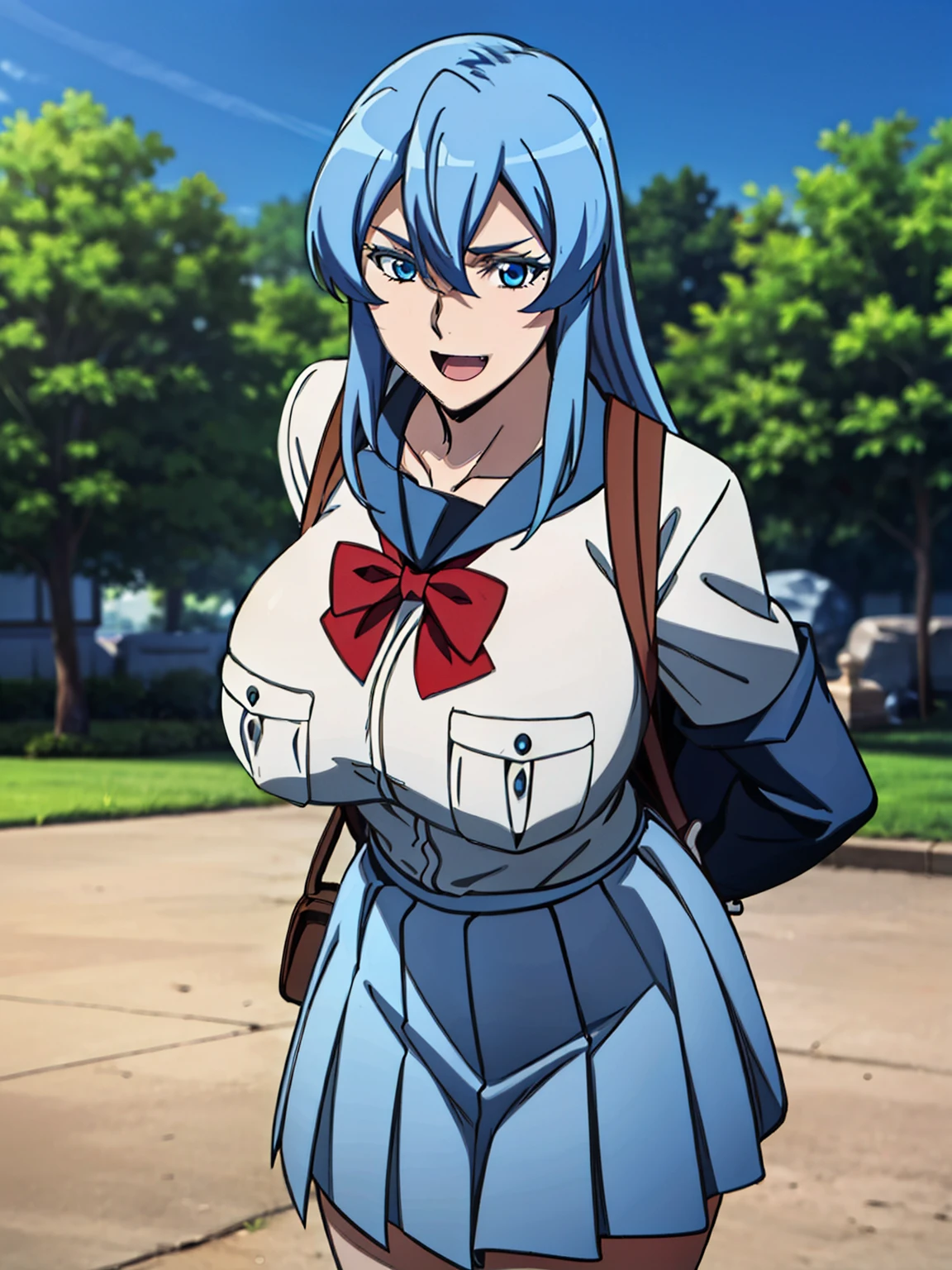 running from the dog, blue backpack school, (white serafuku), blue pleated skirt, red bowtie, (outdoor school background), esdeath, anime cels style, best quality, high resolution, 1girl, (huge breasts:1.2), mature women, blue hair, long hair, (blue eye), blue eyebrow, beautiful face, (cowboy shot), looking at viewer, laughing