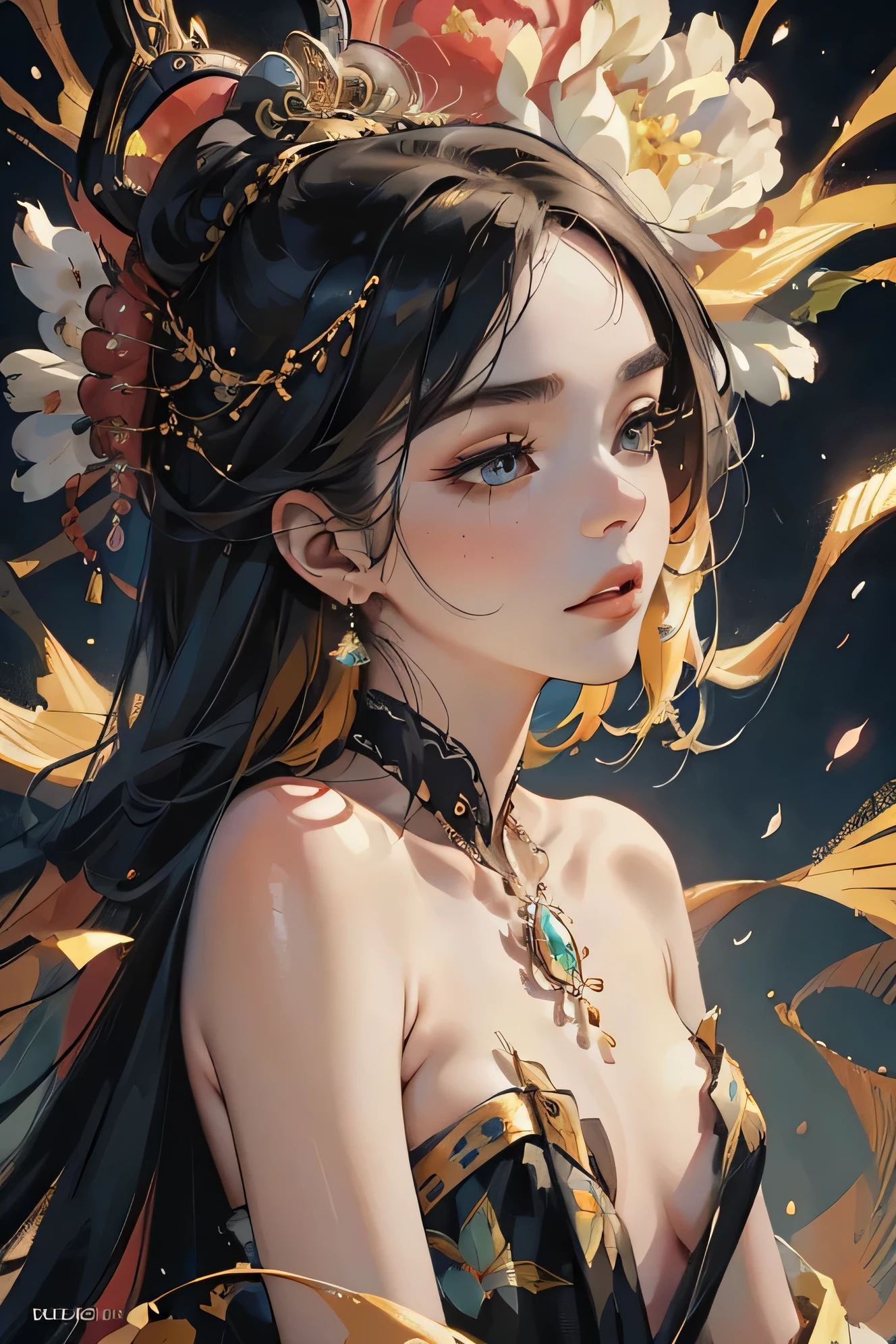 (masterpiece, top quality, best quality, official art, beautiful and aesthetic:1.2), (1girl), extreme detailed,(fractal art:1.3),colorful,highest detailed chiaroscuro technique on painting of a woman holding a bouquet of sunflowers in front of a golden background, hyperrealistic art nouveau, chie yoshii, andrey remnev, by Yamagata Hiro, mucha klimt and tom bagshaw, inspired by J. C. Leyendecker, inspired by J.C. Leyendecker, inspired by James C. Christensen, matte painting, by Hannah Dale, by Harumi Hironaka, extremely soft colors, vibrant, highly detailed, digital illustrations , high contrast, dramatic, refined, tonal, emotional expression, golden ratio