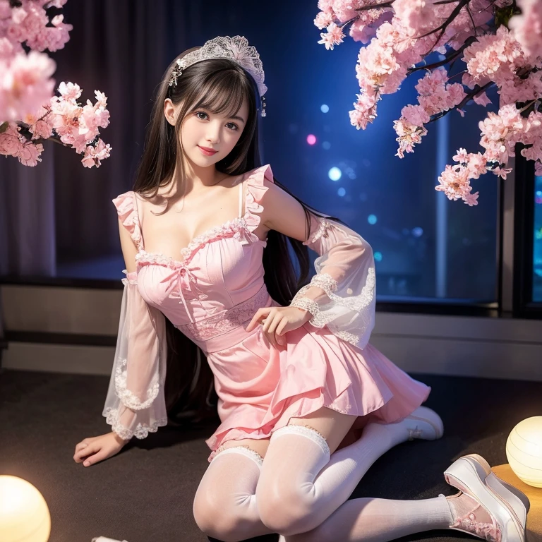 best quality, delicate face，beautiful visual work,lifelike，1 girl, eternal, black hair, Long curly hair, blunt bangs, Smile, pink skirt, pink lolita dress, layered skirt, Lolita style long skirt,分層連衣裙 lace-trimmed 裙子, decorate, lace, long sleeve, puff sleeves, wide sleeves, Transparent sleeves, hair accessories, 在flower园里, flower, Detailed background,  delicate face，pink blush，White knee-length socks, Pink shoes，cold，Lots of lace，((​Masterpiece))、(top quality)、8K、high detail、super detailed，21 years old female，穿着pink lolita dress((dreamy atmosphere:1.1))、Seductive and whimsical style、​Masterpiece、born、Scenes resembling fairy tale illustrations、Intricate details showcase the ruffles and intricate designs of the Lolita dress、beautifully、magic、capricious、 beautifully、Dream aesthetics、「𝓡𝓸𝓶𝓪𝓷𝓽𝓲𝓬、ethereal、charming、fickle、magic」、realism、Visual effect、FXAA、SSAO、shader、voiceless、ambient lighting、Tone mapping、High resolution、ultra high definition、megapixel、(8K resolution:1.10)、8K、Below 8K、8K resolution、high detail、intricate details， (high quality:1.2、​Masterpiece:1.2、:1.21)、(21 years old female:1.21)、(興奮地Smile)、(Surrounded by the dreamy atmosphere、High heel、Model diagram，full-body shot，Knee-high 白色的 lace socks,Sweet Lolita，Normal 2 feet，Pink shoes，Baotou shoes，hair accessories，Don't show your fingers，lolita cake dress，Thousand layer skirt，Every layer has lace，The skirt has a hem，cold，huge breasts，hands on hips，Wide cuffs cover hands，