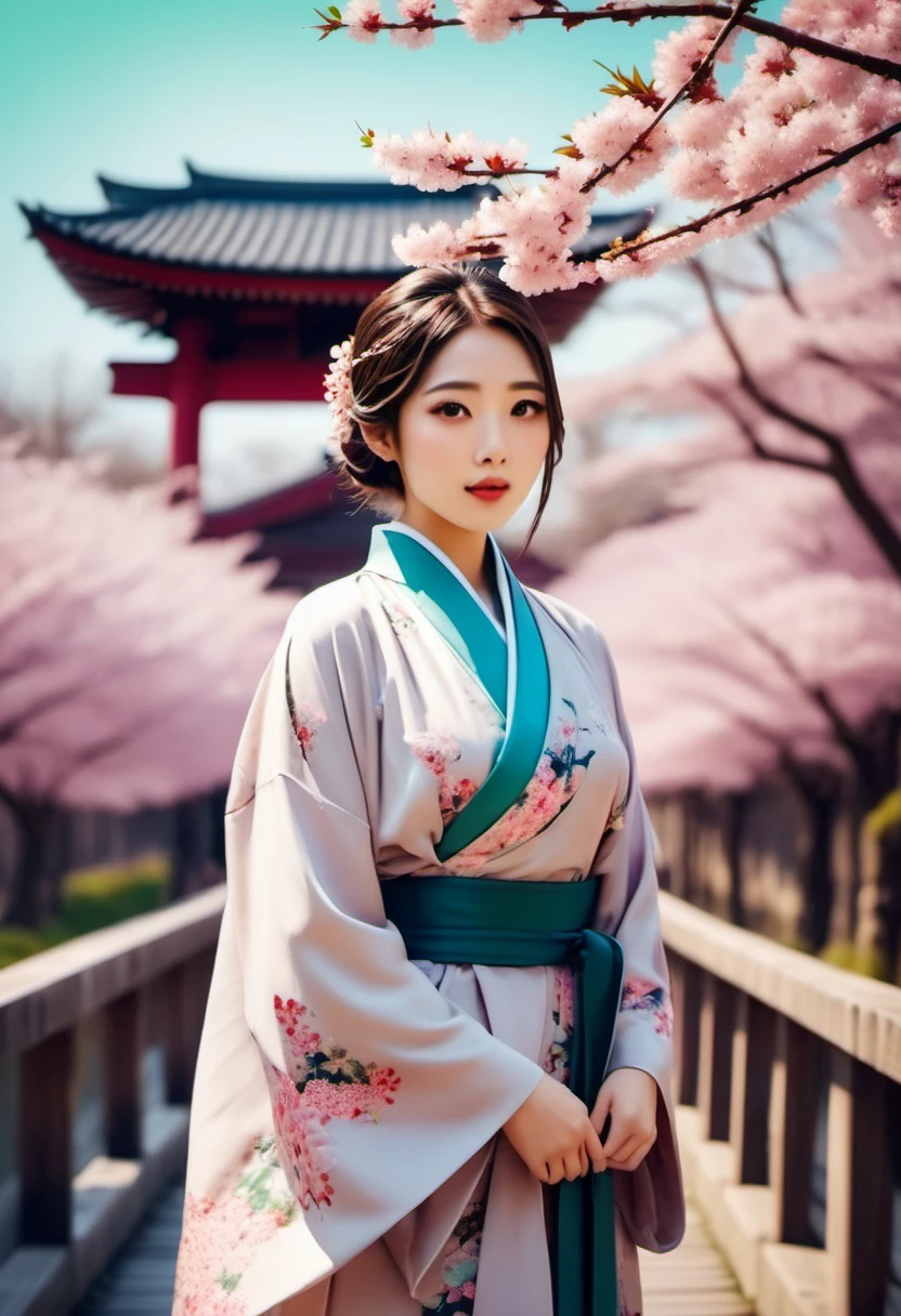 realistic photo of beautiful young Asian woman in hijab wearing kimono Eye clothes, carrying umbrella ☂️ motif (Vintage filter: 1.4), (Fantasy: 1.4), ancient temple in Japan, cherry blossoms, soft soft shadows, pastel pink shining green blue sky, Japanese style, background of an ancient temple in Japan, There is a red bridge & purple cherry blossoms, a woman is standing on the bridge. super HD quality, super realistic, Full HD, Hyperrealistic, photo, Fashion, cinematic.
