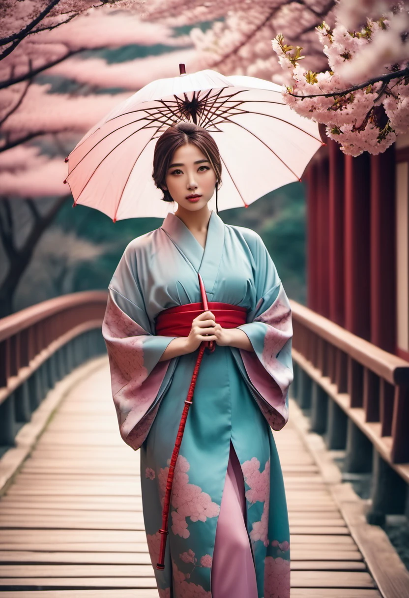 realistic photo of beautiful young Asian woman in hijab wearing kimono Eye clothes, carrying umbrella ☂️ motif (Vintage filter: 1.4), (Fantasy: 1.4), ancient temple in Japan, cherry blossoms, soft soft shadows, pastel pink shining green blue sky, Japanese style, background of an ancient temple in Japan, There is a red bridge & purple cherry blossoms, a woman is standing on the bridge. super HD quality, super realistic, Full HD, Hyperrealistic, photo, Fashion, cinematic.