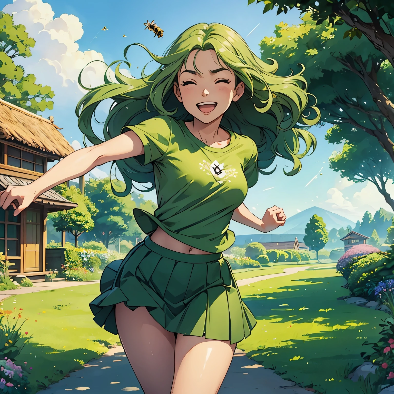 Beautiful girl running, long wavy green hair, joyous, wearing green tshirt, short skirt, happy, studio Ghibli scenery, beautiful summer evening, breeze, bees, green outfield