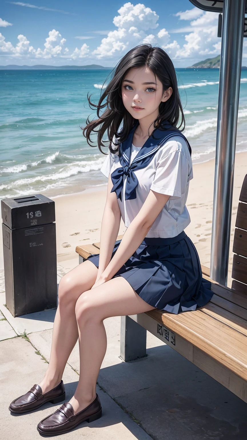 ((最high quality, 8K, masterpiece: 1.3, Ultra HD, high quality, 最high quality, High resolution, realism)) 、An extremely beautiful 18-year-old Japanese woman、hair color is black、black eye、medium hair、straight hair、smile、Slender but well-proportioned muscular body、Athlete-like body type、I don&#39;t want my head to disappear from the screen.、Walk on a high seawall at the beach、I put my hand on my forehead and look at the sea、The blue sky is beautiful、There is an entrance cloud、It&#39;s summer、sailor suit((summer clothes))wear、Wear a navy blue pleated skirt、wear loafers、There is a bus stop that looks like a hut on the coastline road where you can see the ocean.、Sit on a bench at the bus stop、The sea breeze feels good