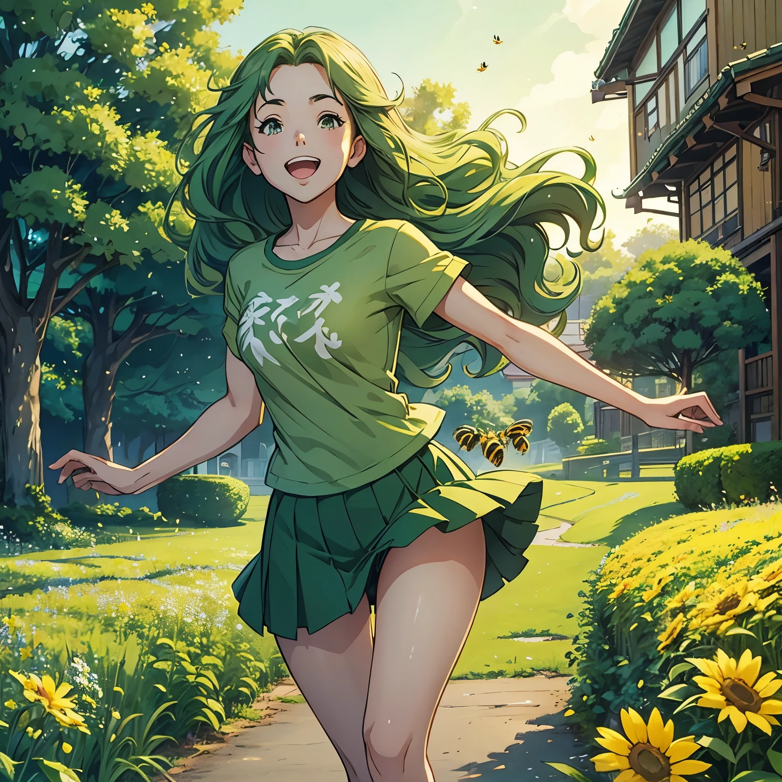 Beautiful girl running, long wavy green hair, joyous, wearing green tshirt, short skirt, happy, studio Ghibli scenery, beautiful summer evening, breeze, bees, green outfield