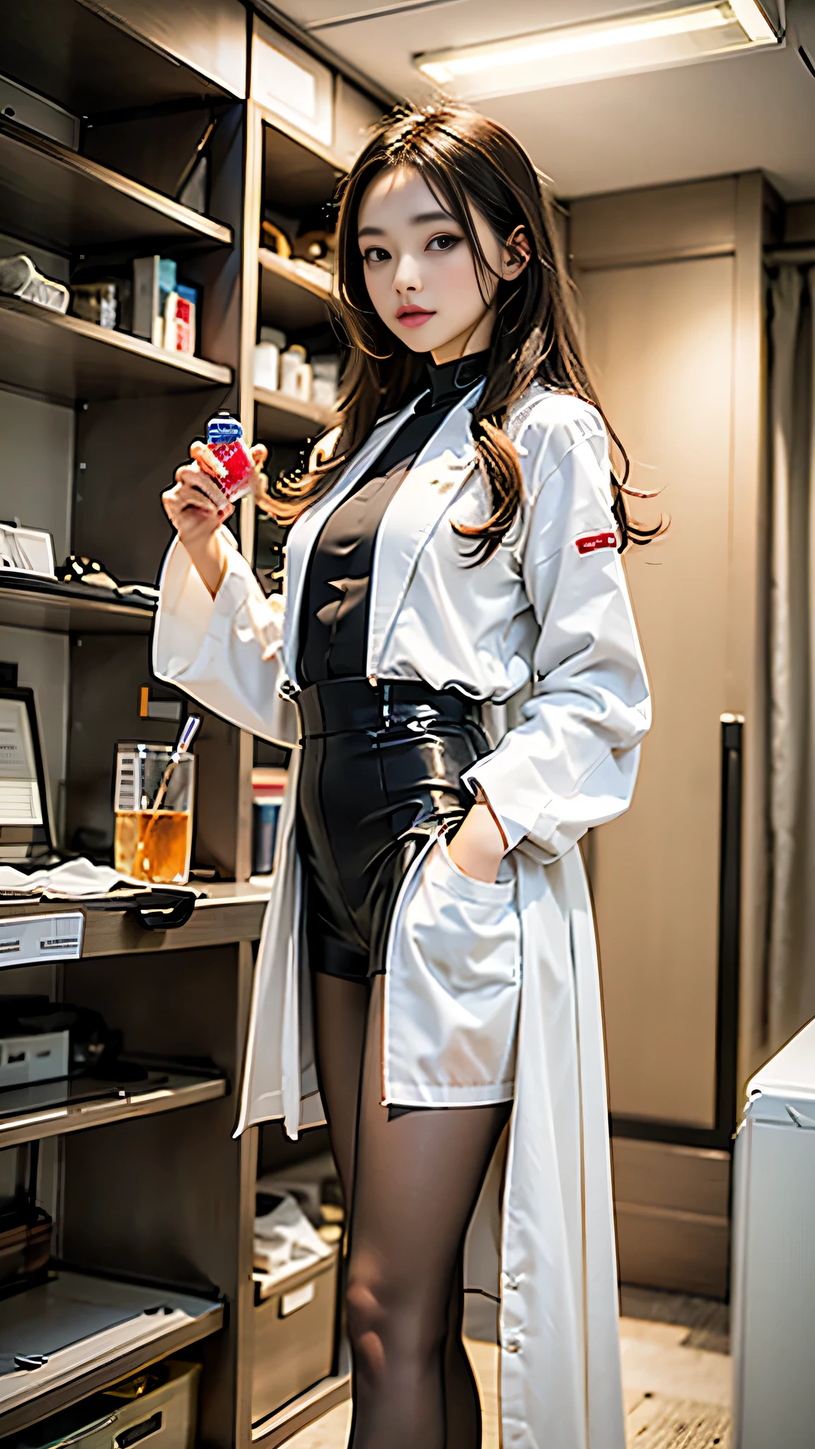 dark long girl in a robe, Scientist in a white lab coat stands in front of 研究室 equipment, Holding a small bag of sparkling pink liquid crystals., Dim Lab, filled with tubes, Bottle, and facilities,,In the style of the star of Xing Xing Art Group, 12), highest quality, masterpiece, Super detailed, advanced details、best quality, masterpiece, detailed, hyper realistic, head shot