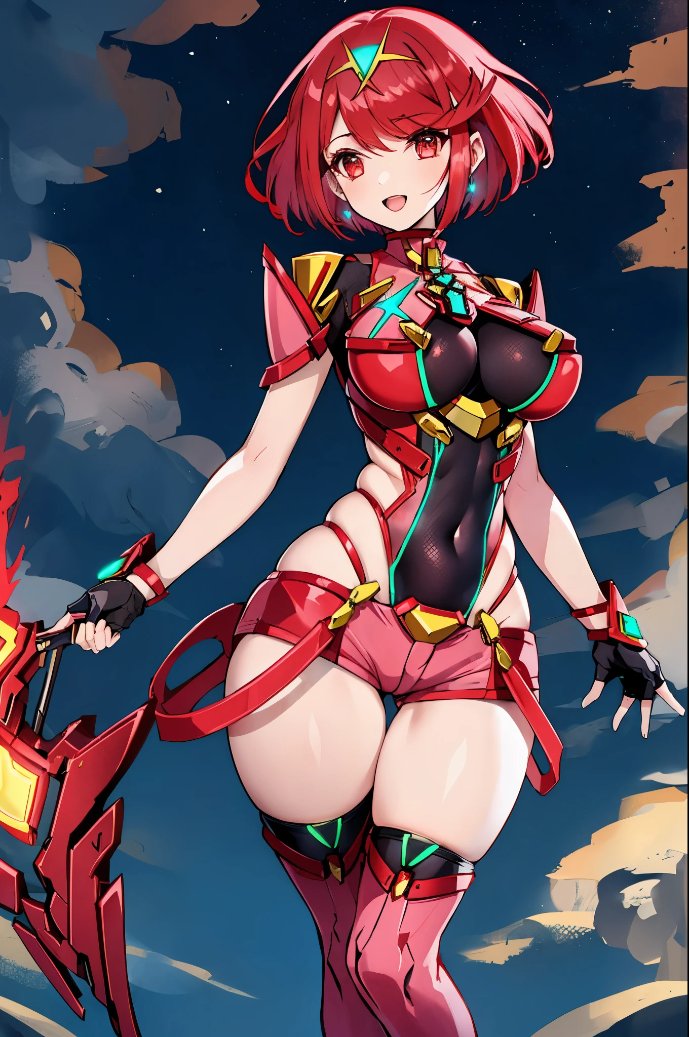 pyra \(xenoblade\), young__1girl, armor, bangs, black gloves, breasts, red eyes, closed mouth, earrings, eyelashes, fingerless gloves, floating hair, framed breasts, gem, gloves, hair ornament, headpiece, jewelry, big_breasts, leaning back, leotard, neon trim, official art, pose, red hair, red shorts, saitou masatsugu, short hair, short shorts, short sleeves, shorts, sidelocks, skin tight, solo, standing, swept bangs, thighhighs, tiara, night_prairie_background, turtleneck, underbust, vambraces, xenoblade chronicles \(series\), (xenoblade chronicles 2), apart_legs, fire_effect,dynamic_pose_fighting,light_smile, (plump:1.1), big_ass,huge_sword, hold_large_sword_hilt, solo, covered_nipples, covered_pussy,open_mouth,back_view,