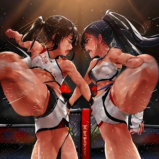 Two beautiful young female mixed martial artists are engaged in a fierce battle。They're trading punches inside the Octagon.。exchange of punches。One arm thrust forward, fist slamming into opponent。Rivals。black hair。desperate look。sweaty。Full of scars。Shortness of breath with open mouth。trained abdominal muscles。Topless。erect nipples。open finger gloves。shorts。