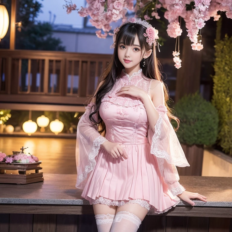 best quality, delicate face，beautiful visual work,lifelike，1 girl, eternal, black hair, Long curly hair, blunt bangs, Smile, pink skirt, pink ta dress, layered skirt, Lolityle long skirt,分層連衣裙 lace-trimmed 裙子, decorate, lace, long sleeve, puff sleeves, wide sleeves, Transparent sleeves, hair accessories, 在flower园里, flower, Detailed background,  delicate face，pink blush，White knee-length socks, Pink shoes，cold，Lots of lace，((​Masterpiece))、(top quality)、8K、high detail、super detailed，21 years old female，穿着pink lolita d((dreamy atmosphere:1.1))、Seductive and whimsical style、​Masterpiece、born、Scenes resembling fairy tale illustrations、Intricate details showcase the ruffles and intricate designs of the Lolita dressutifully、magic、capricious、 beautifully、Dream aesthetics、「𝓡𝓸𝓶𝓪𝓷𝓽𝓲𝓬、ethereal、charming、fickle、magic」、realism、Visual effect、FXAA、SSAO、shader、voiceless、ambient lighting、Tone mapping、High resolution、ultra high definition、megapixel、(8K resolution:1.10)、8K、Below 8K、8K resolution、high detail、intricate details， (high quality:1.2、​Masterpiece:1.2、:1.21)、(21 years old female:1.21)、(興奮地Smile)、(Surrounded by the dreamy atmosphere、High heel、Model diagram，full-body shot，Knee-high 白色的 lace socks,Sweet Lolita，Normal 2 ，Pink shoes，Baotou shoes，hair accessories，Don't show your fingers，lolita cake dress，Thnd layer skirt，Every layer has lace，The skirt has a hem，cold，huge breasts，hands on hips，Wide cuffs cover hands，