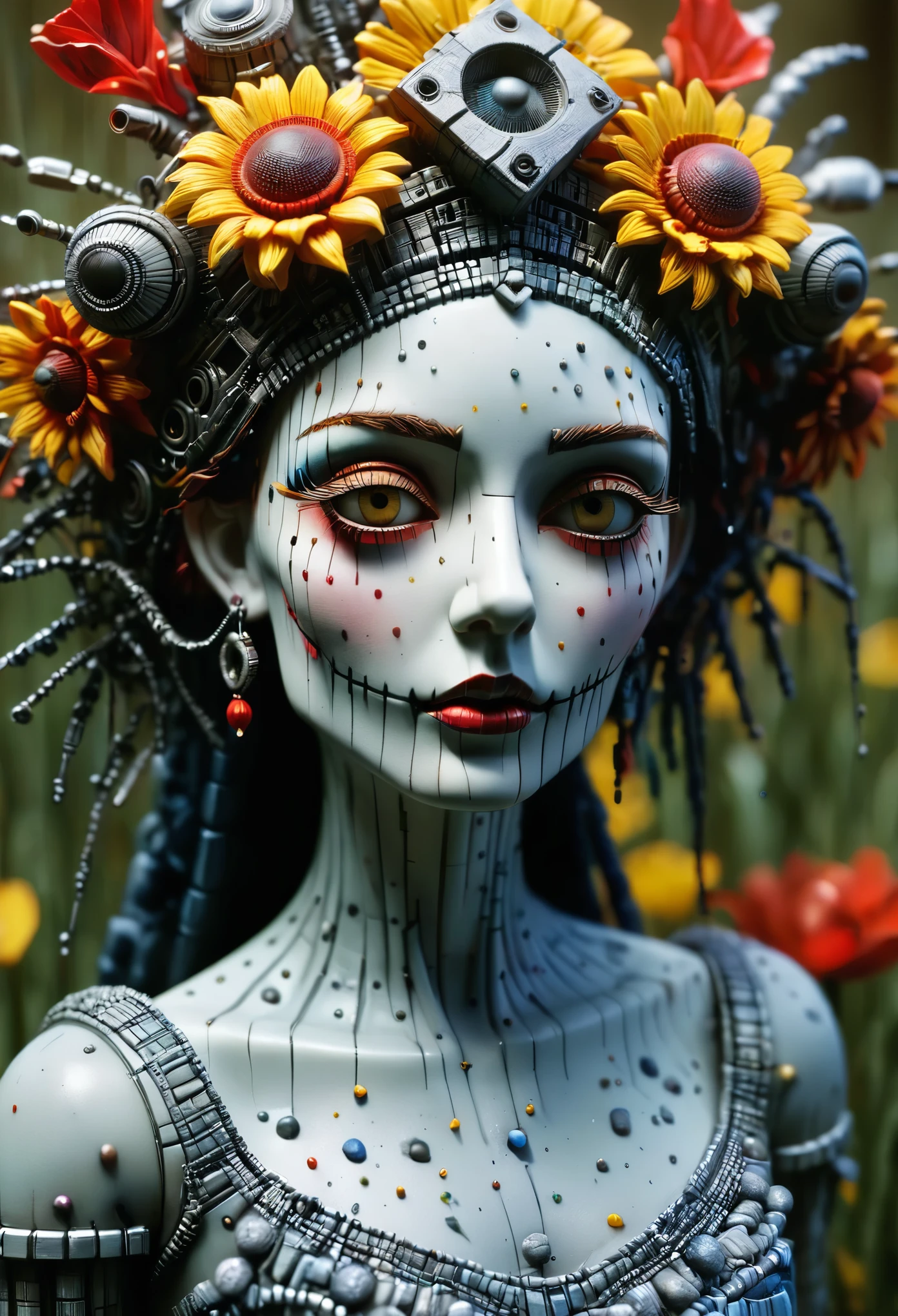 8K, ARTISTIC photogrAphy, best quAlity, mAsterpiece: 1.2), A (potrAit:1.2) Tim Burton's Corpse Bride Tools style doll, in a field of flowers with yellow-red petals, full body RAW candid cinema, 16mm, color graded portra 400 film, remarkable color, ultra realistic, sad admosphere, dark lighting, oppressive atmosphere, depressive colors, kodak portra 400, photograph,r, Natural Light, Salvatrucha tatoos, Crown Metal, Pinhead lighgts, blur reflection, Brush Strokes, Smooth, abstract, Splatter, Oil On Canvas, rainbow colors, fractal isometrics details bioluminescens : a stunning realistic photograph of wet bone structure, 3d render, octane render, intricately detailed, titanium decorative headdress, cinematic, trending on artstation | Isometric | Centered