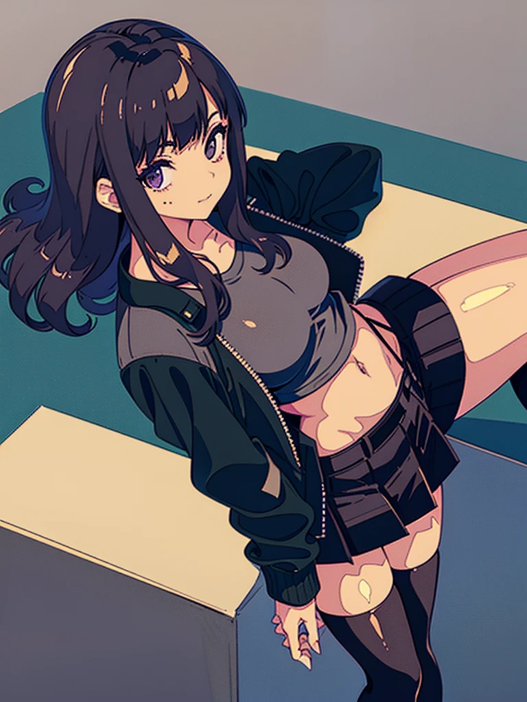 1990s, (masterpiece), high-definition, detailed face, cute girl, abs, (big tits: 1.4) big hips, round ass, (black hair with dark purple highlights: 1.4), (tight grey t-shirt: 1.4), (black jacket: 1.4), (purple tight skirt: 1.3), belt, (black thong: 1.2), thigh high stockings, boots, fishnet, pin-up pose, balcony
