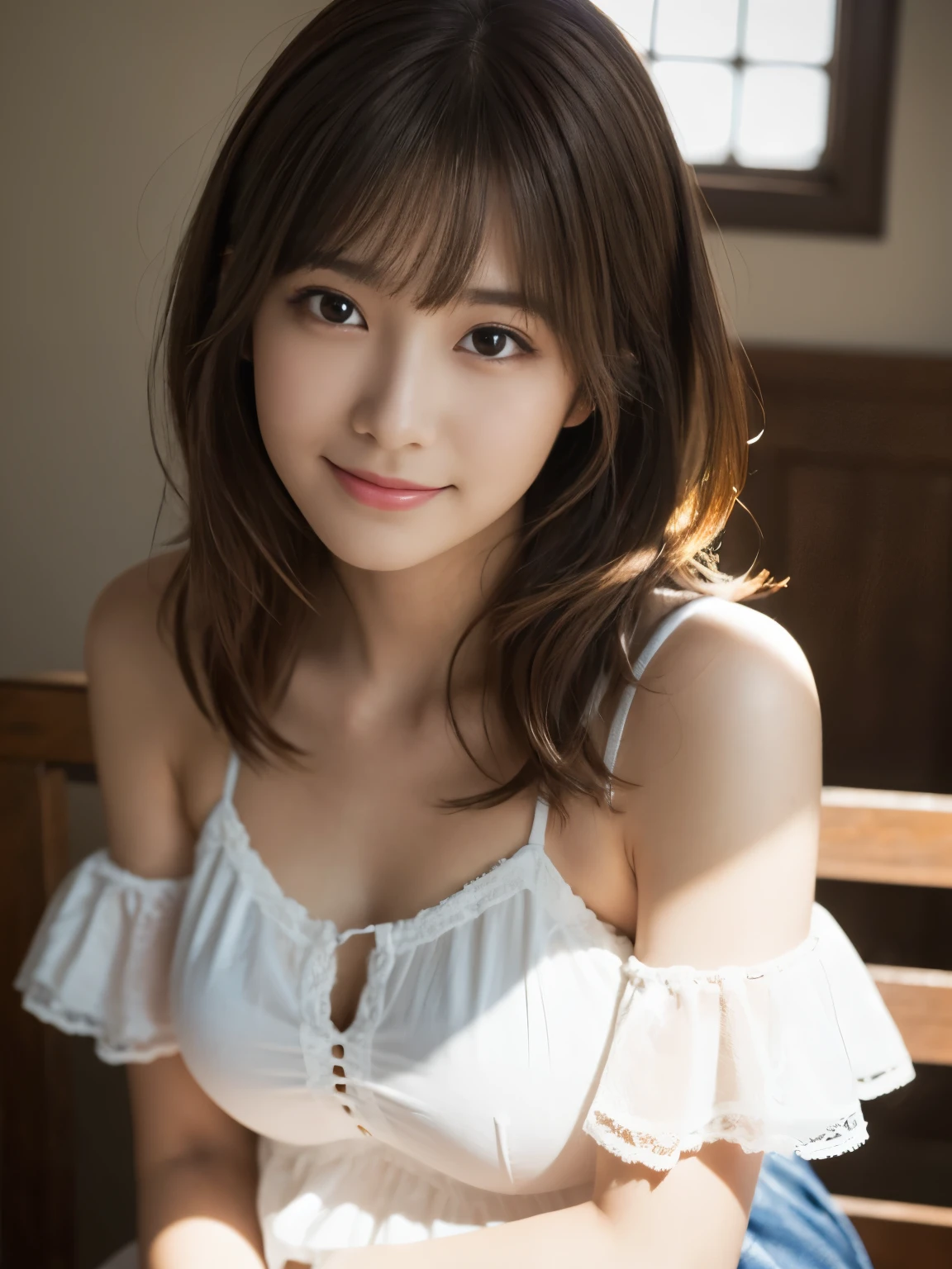 (highest quality,8K quality,masterpiece:1.3),(ultra high resolution,photorealistic:1.4,Live shooting),(Super detailed,caustics),(ultra-realistic capture,Beautifully detailed skin),19-year-old,beautiful Japanese, medium hair, messy hair, asymmetrical bangs, brown hair, Smiling and looking at the camera,soft light,A ray of light shining from above,Natural light,