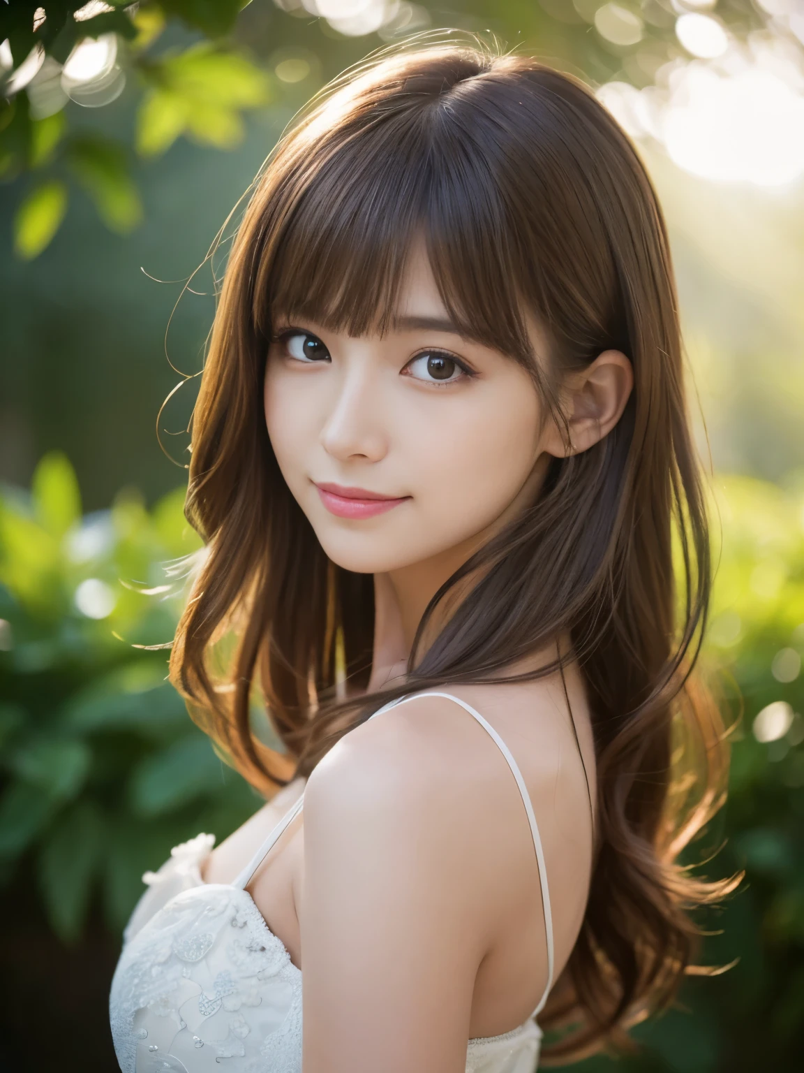 (highest quality,8K quality,masterpiece:1.3),(ultra high resolution,photorealistic:1.4,Live shooting),(Super detailed,caustics),(ultra-realistic capture,Beautifully detailed skin),19-year-old,beautiful Japanese, medium hair, messy hair, asymmetrical bangs, brown hair, Smiling and looking at the camera,soft light,A ray of light shining from above,Natural light,