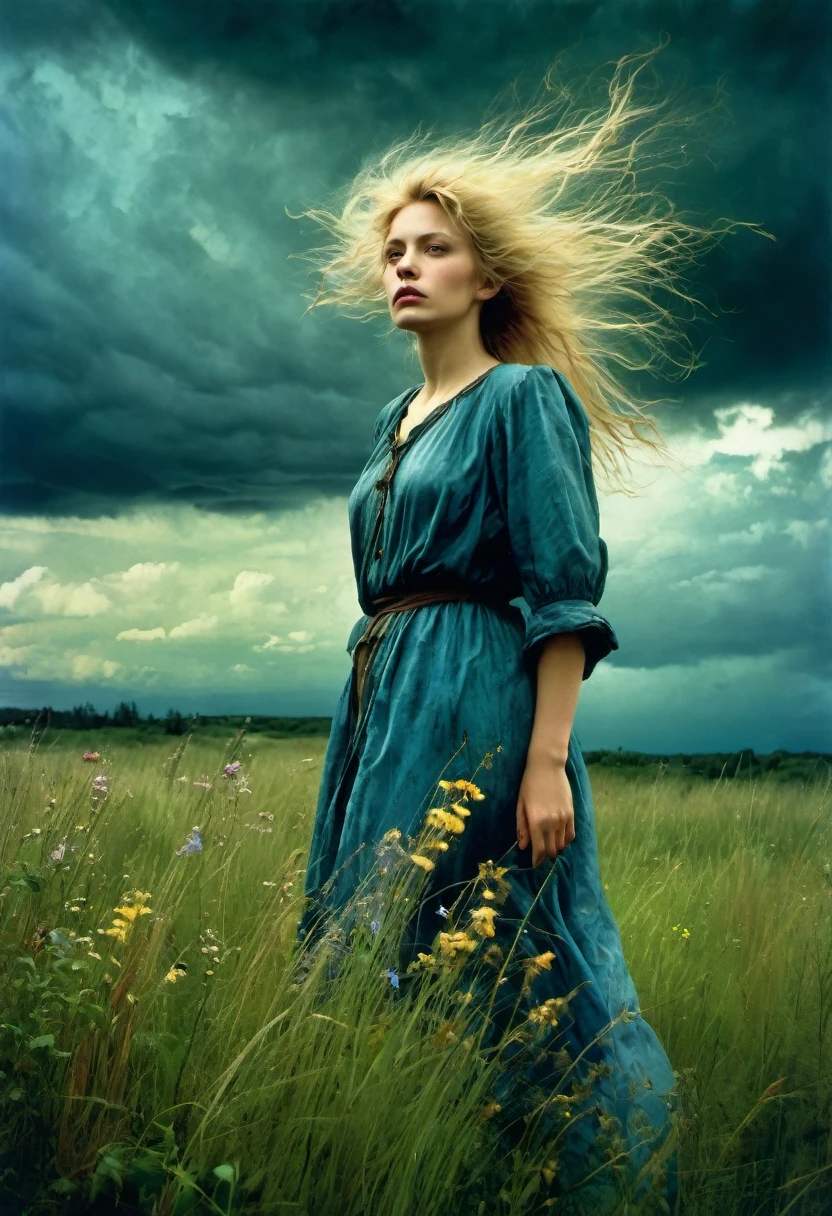 Art by Era Leisner, and Jan Saudek full figure of a mysterious beautiful woman with windswept blonde hair standing in a meadow with tall grass and wild flowers. stormy clouds in the sky, Enchanting and ethereal scene.