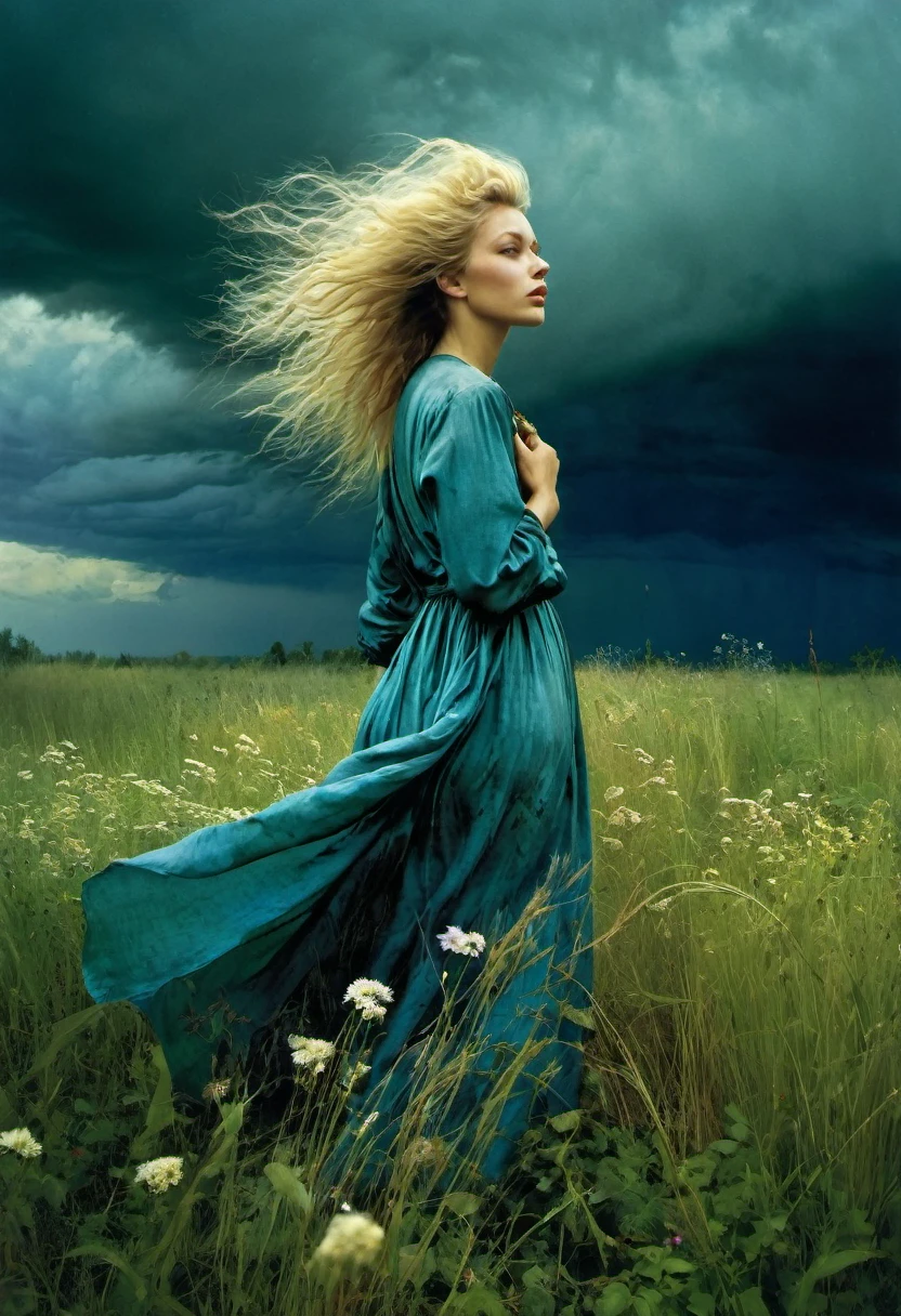 Art by Era Leisner, and Jan Saudek  full figure of a mysterious beautiful woman with windswept blonde hair standing in a meadow with tall grass and wild flowers. stormy clouds in the sky, Enchanting and ethereal scene.