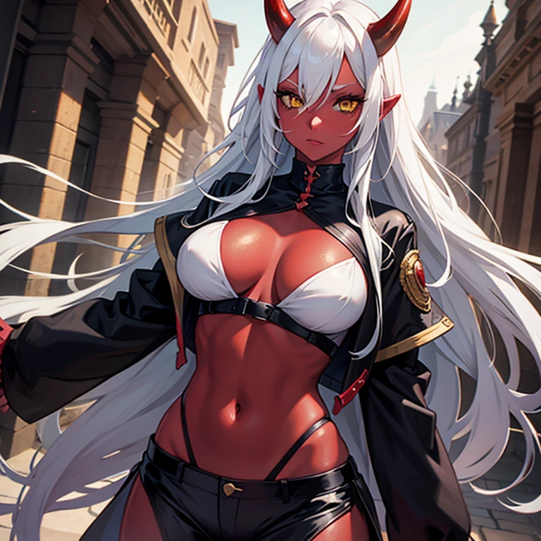 a girl with ((red skin, long white hair, yellow eyes, sexy clothes, and big breasts)). It also has ((red horns)). The colors of the image should be vivid, enhancing the fantasy style. The lighting should be spectacular, with high contrast and strong shadows. The image must be of the best quality, with a resolution of 4k or 8k, and it should be a masterpiece. The image should look realistic, with attention to detail