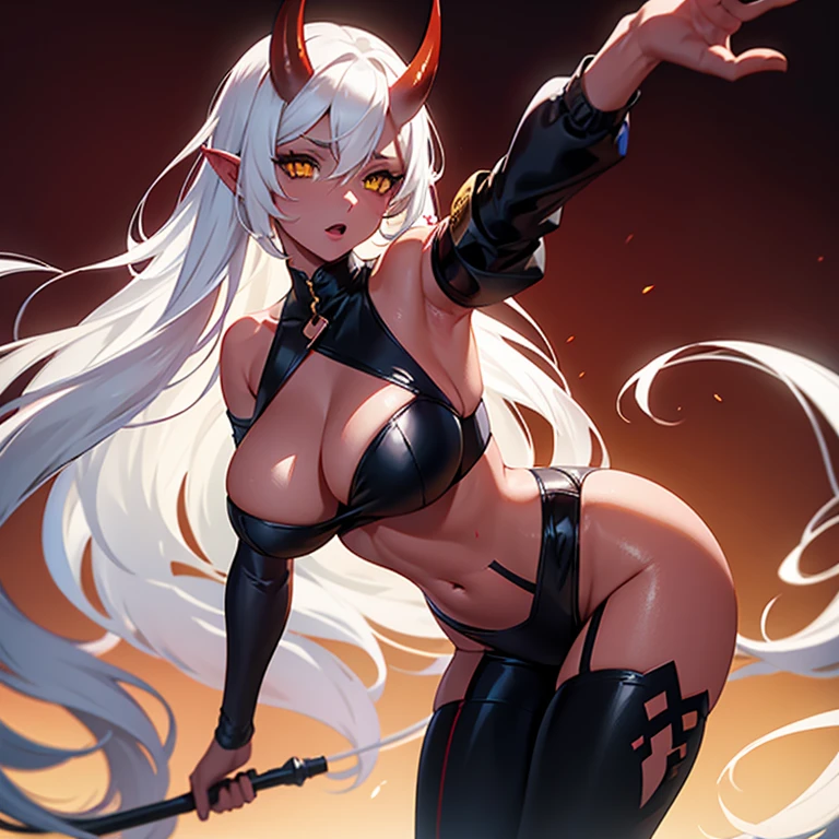 a girl with ((red skin, long white hair, yellow eyes, sexy clothes, and big breasts)). It also has ((red horns)). The colors of the image should be vivid, enhancing the fantasy style. The lighting should be spectacular, with high contrast and strong shadows. The image must be of the best quality, with a resolution of 4k or 8k, and it should be a masterpiece. The image should look realistic, with attention to detail