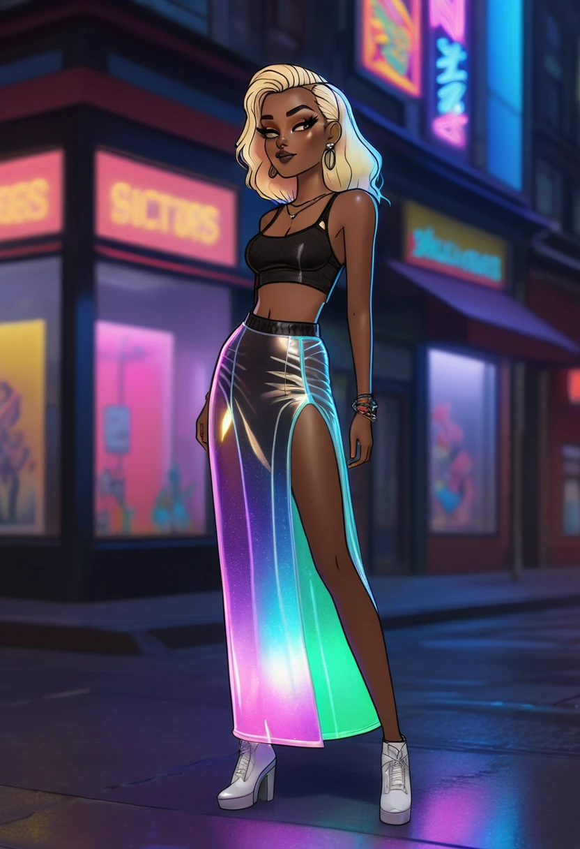 (close up shot), dark skinned woman, neon tattoos, long translucent slit skirt, iridescent metallic half jacket, long legs:1.2, thin waist:1.2, blonde, sheer holographic top, low angle view, ground view, side view, 