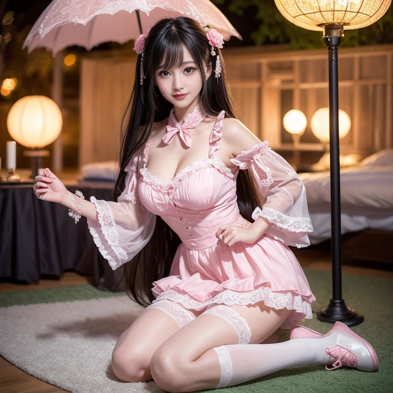 best quality, delicate face,beautiful visual work,lifelike,1 girl, eternal, black hair, Long curly hair, blunt bangs, Smile, pink skirt, pink ta dress, layered skirt, Lolityle long skirt,分層連衣裙 lace-trimmed 裙子, decorate, lace, long sleeve, puff sleeves, wide sleeves, Transparent sleeves, hair accessories, 在flower园里, flower, Detailed background, delicate face,pink blush,White knee-length socks, Pink shoes,cold,Lots of lace,((Masterpiece))、(top quality)、8K、high detail、super detailed,21 years old female,穿着pink lolita d((dreamy atmosphere:1.1))、Seductive and whimsical style、Masterpiece、born、Scenes resembling fairy tale illustrations、Intricate details showcase the ruffles and intricate designs of the Lolita dressutifully、magic、capricious、 beautifully、Dream aesthetics、「𝓡𝓸𝓶𝓪𝓷𝓽𝓲𝓬、ethereal、charming、fickle、magic」、realism、Visual effect、FXAA、SSAO、shader、voiceless、ambient lighting、Tone mapping、High resolution、ultra high definition、megapixel、(8K resolution:1.10)、8K、Below 8K、8K resolution、high detail、intricate details, (high quality:1.2、Masterpiece:1.2、:1.21)、(21 years old female:1.21)、(興奮地Smile)、(Surrounded by the dreamy atmosphere、High heel、Model diagram,full-body shot,Knee-high 白色的 lace socks,Sweet Lolita,Normal 2 ,Pink shoes,Baotou shoes,hair accessories,Don't show your fingers,lolita cake dress,Thnd layer skirt,Every layer has lace,The skirt has a hem,cold,huge breasts,hands on hips,Wide cuffs cover hands,