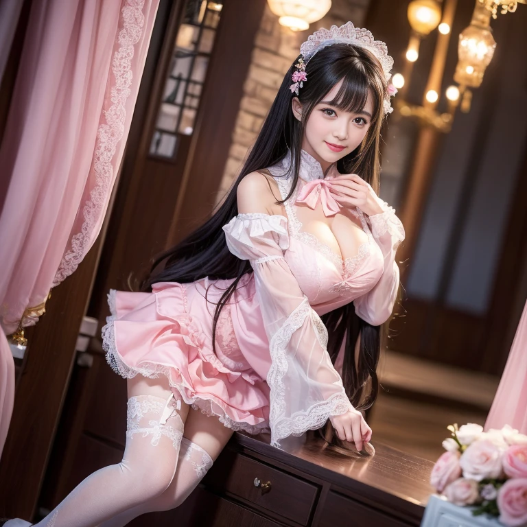 best quality, delicate face,beautiful visual work,lifelike,1 girl, eternal, black hair, Long curly hair, blunt bangs, Smile, pink skirt, pink ta dress, layered skirt, Lolityle long skirt,分層連衣裙 lace-trimmed 裙子, decorate, lace, long sleeve, puff sleeves, wide sleeves, Transparent sleeves, hair accessories, 在flower园里, flower, Detailed background, delicate face,pink blush,White knee-length socks, Pink shoes,cold,Lots of lace,((Masterpiece))、(top quality)、8K、high detail、super detailed,21 years old female,穿着pink lolita d((dreamy atmosphere:1.1))、Seductive and whimsical style、Masterpiece、born、Scenes resembling fairy tale illustrations、Intricate details showcase the ruffles and intricate designs of the Lolita dressutifully、magic、capricious、 beautifully、Dream aesthetics、「𝓡𝓸𝓶𝓪𝓷𝓽𝓲𝓬、ethereal、charming、fickle、magic」、realism、Visual effect、FXAA、SSAO、shader、voiceless、ambient lighting、Tone mapping、High resolution、ultra high definition、megapixel、(8K resolution:1.10)、8K、Below 8K、8K resolution、high detail、intricate details, (high quality:1.2、Masterpiece:1.2、:1.21)、(21 years old female:1.21)、(興奮地Smile)、(Surrounded by the dreamy atmosphere、High heel、Model diagram,full-body shot,Knee-high 白色的 lace socks,Sweet Lolita,Normal 2 ,Pink shoes,Baotou shoes,hair accessories,Don't show your fingers,lolita cake dress,Thnd layer skirt,Every layer has lace,The skirt has a hem,cold,huge breasts,hands on hips,Wide cuffs cover hands,