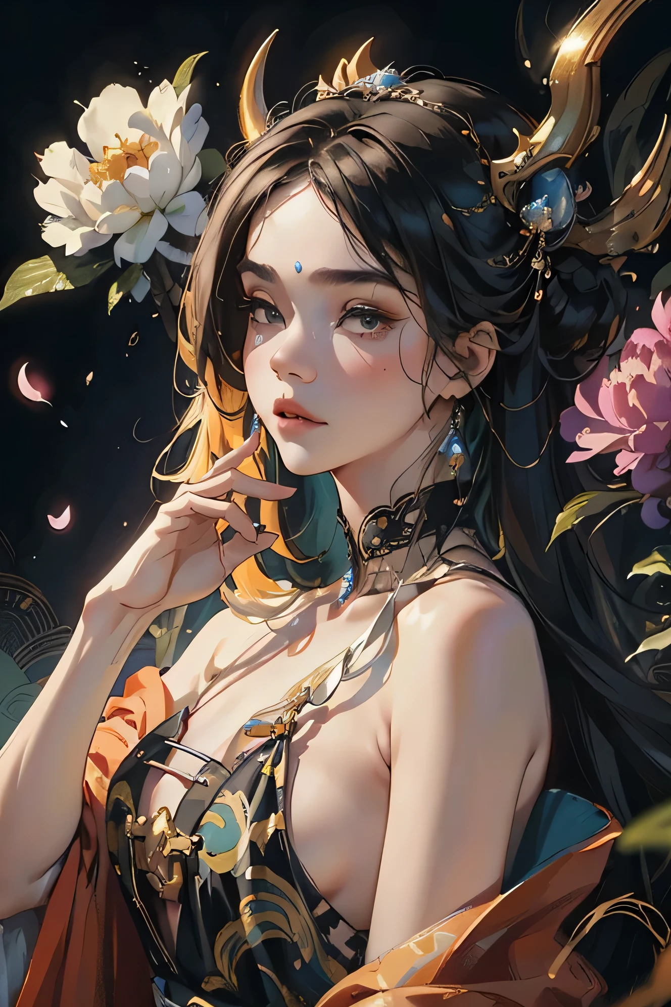 ((8k wallpaper of extremely detailed CG unit, ​masterpiece, hight resolution, top-quality, top-qualityのリアルテクスチャスキン)), (a very beautiful woman, Plump lips, The upper part of the body, Japanese pattern blouson:1.2, Japanese pattern micro mini shorts:1.2), (A dark-haired, hair messy, de pele branca, small tit), ((Colorful background with geometric patterns, Japanese pattern background, warm color)), (hyper realisitic, digitial painting),nsfw,slender body shape, (Hyper-realistic) , (illustration), (Increase the resolution), (8K), （RAW photos，best qualtiy），（realisticlying，photograph realistic：1.3），best qualtiy，highly detailed，tmasterpiece，Hyper-detailing，( the wallpaper), (Detailed face), solo,1girll，The is very detailed，dynamic angle，cow boy shot，The most beautiful form of chaos，elegant，Fauvist design，vivd colour，Goddess of romanticism，Model figure，ancient costume，best qualtiy，Extremely detailed jewelry，Peony petals，scenecy，rios|Wagas，nsfw, chinese dress, slender , black dress,dynasty, white top, black bottom

