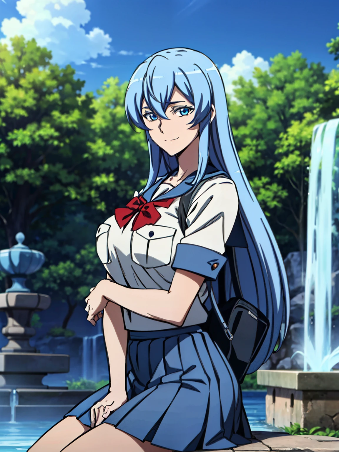 sitting on the side of water fountain, big water fountain, blue backpack school, (white serafuku), blue pleated skirt, red bowtie, (outdoor school background), esdeath, anime cels style, best quality, high resolution, 1girl, (huge breasts:1.2), mature women, blue hair, long hair, (blue eye), blue eyebrow, beautiful face, (cowboy shot), looking at viewer, smiling