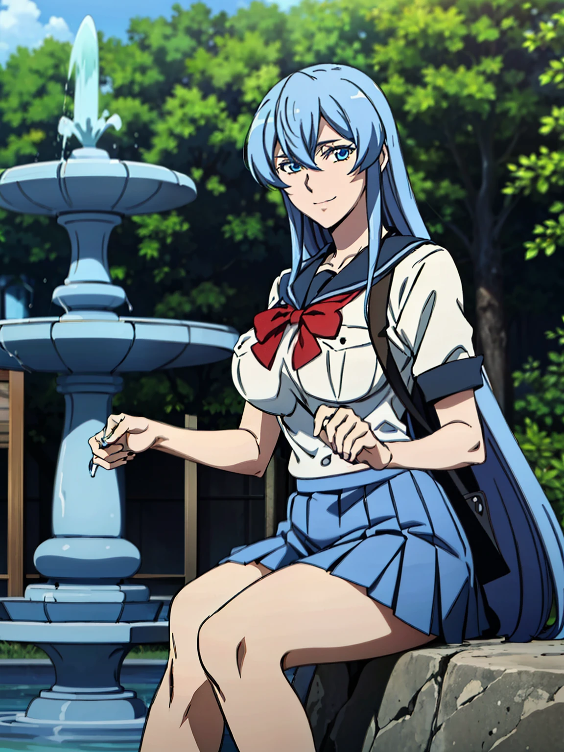 sitting on the side of water fountain, big water fountain, blue backpack school, (white serafuku), blue pleated skirt, red bowtie, (outdoor school background), esdeath, anime cels style, best quality, high resolution, 1girl, (huge breasts:1.2), mature women, blue hair, long hair, (blue eye), blue eyebrow, beautiful face, (cowboy shot), looking at viewer, smiling