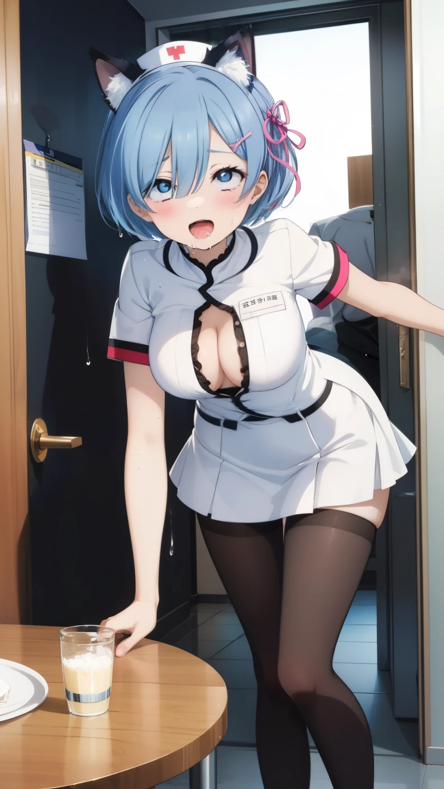 Rem from Re:Zero、light blue hair、short hair、table top、High resolution、many girls multiple girls、large crowd、lots of cute girls、big and full breasts、naughty body、See-through、throw、、whole body、Are standing、Look up at me、confused face、blush、embarrassing、Excited、white breath、black pantyhose、female shape'Private parts are clearly visible、You can see the miniskirt of Nippurikuro、very short skirt、hospital、hospital room、Many people々々々々々、in the crowd、bare chest、show your chest、Upper grade、A lot of milk comes out from the nipples、Breast milk gushes from the nipple、white nurse uniform、cat ears nurse uniform、white one-piece nurse uniform、bangs that cover one eye、pink hairpin、、white sandals、Ahegao、Cumming face、climax、Feels good、I feel it、masturbation、open your mouth and stick out your tongue、leaning forward、Become an inner thigh、wet floor、Wet inner thigh、man close behind、lean against the wall、drool、Inner thighs are wet、Love juice is dripping from the crotch、Lower back falling out、dorsal position、sex、Insert male genitalia from behind、man standing behind