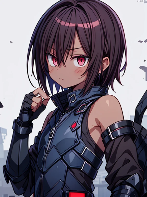 Masterpiece High res, high definition, male dark skin, cute shota,red eyes, dark brown hair, medium dark brown hair,wearing a black exoskeleton, detached sleeves, black armoured Gauntlets, black tech jacket, black bodysuit,black exoskeleton, black fingerless gloves, blue gems, close up
