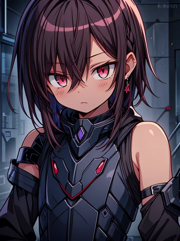 Masterpiece High res, high definition, male dark skin, cute shota,red eyes, dark brown hair, medium dark brown hair,wearing a black exoskeleton, detached sleeves, black armoured Gauntlets, black tech jacket, black bodysuit,black exoskeleton, black fingerless gloves, blue gems, close up
