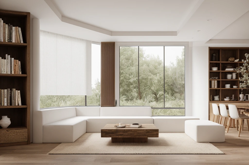 wabi sabi livingroom interior, large glass window, garden outside, dinning table and chair, couch, rough-hewn wood coffee table, sunlighting,neutral lighting, low contrast, potted plant, picture frame, bookshelf, books, drape, white color scheme