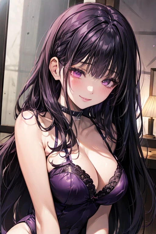 (((Black hair))), long hair, pink eyes, sexy, large breasts, beautiful body, masterpiece, smile, (((purple lingerie))), sexy lingerie, hotel swimming pool,busty, buxom, curvy, voluptuous