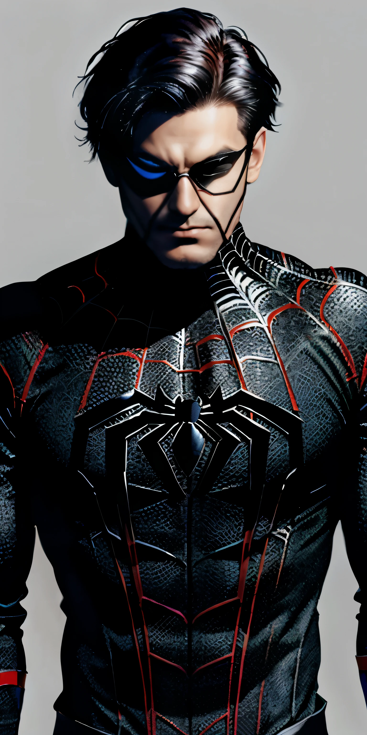 Man wearing black spiderman costume with spider symbol on chest black costume color