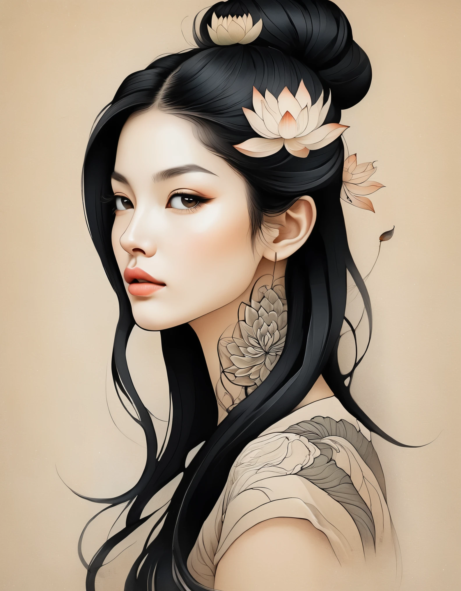 in style of Alex Gross,  ink art, side view  ，modern minimalist art，（Close-up of a woman with lotus tattoo on her neck）,This woman has a delicate and charming face，long black hair，（Clear lotus tattoo on neck：1.3），Flowing hair vignette，fair face，Foxy, slender, beautiful eyes， elegant digital art, Beautiful digital illustrations, beautiful figure painting, 