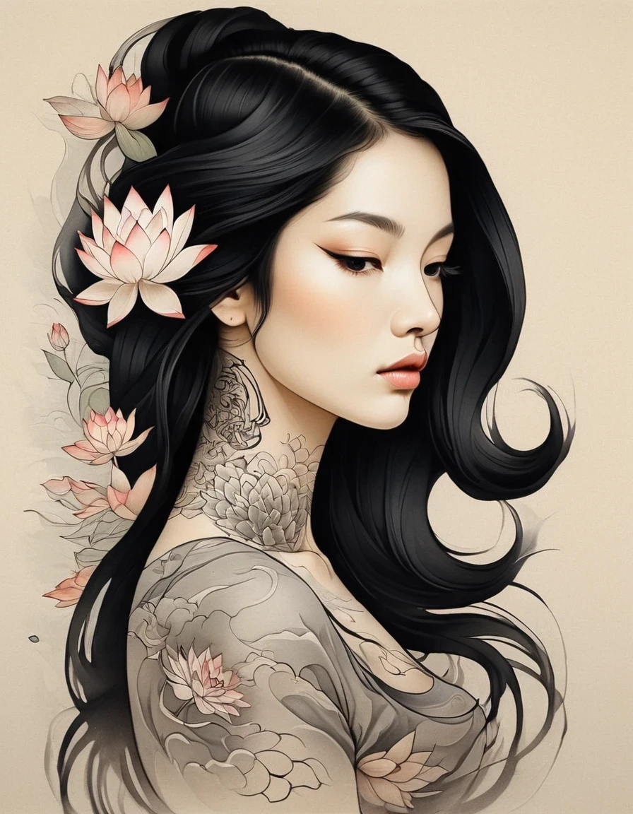 in style of Alex Gross,  ink art, side view  ，modern minimalist art，（Close-up of a woman with lotus tattoo on her neck）,This woman has a delicate and charming face，long black hair，（Clear lotus tattoo on neck：1.3），Flowing hair vignette，fair face，Foxy, slender, beautiful eyes， elegant digital art, Beautiful digital illustrations, beautiful figure painting, 