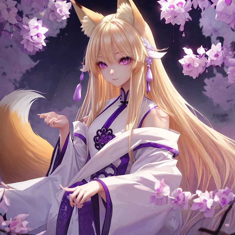 blonde、long hair、fox ears、purple eyes、Beauty、(White Chinese dress with open shoulders and exposed shoulders)、fantastic background、looking at the camera、white coat、whole body、