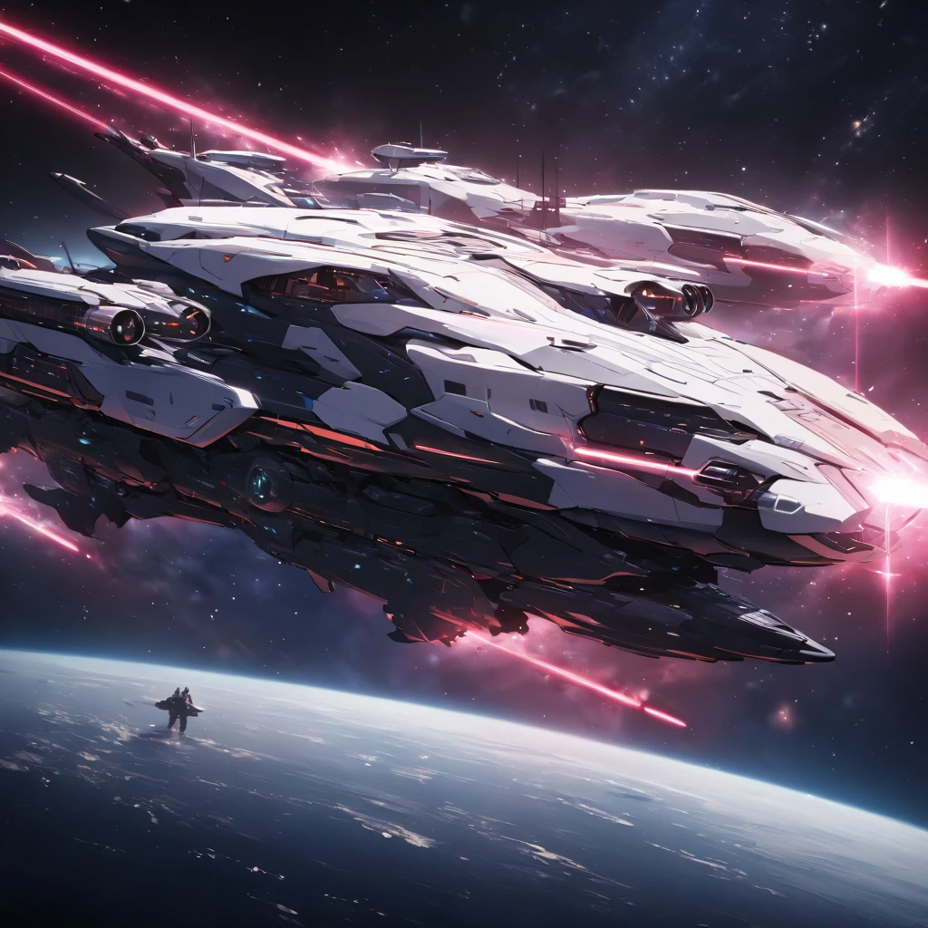 Masterpiece, Improved quality, High quality, Good anatomy. Well-formed hands,cHealthy body, Intact fingers, Normal digits, 4k quality, spaceship, cruiser ship, laser canon, space,