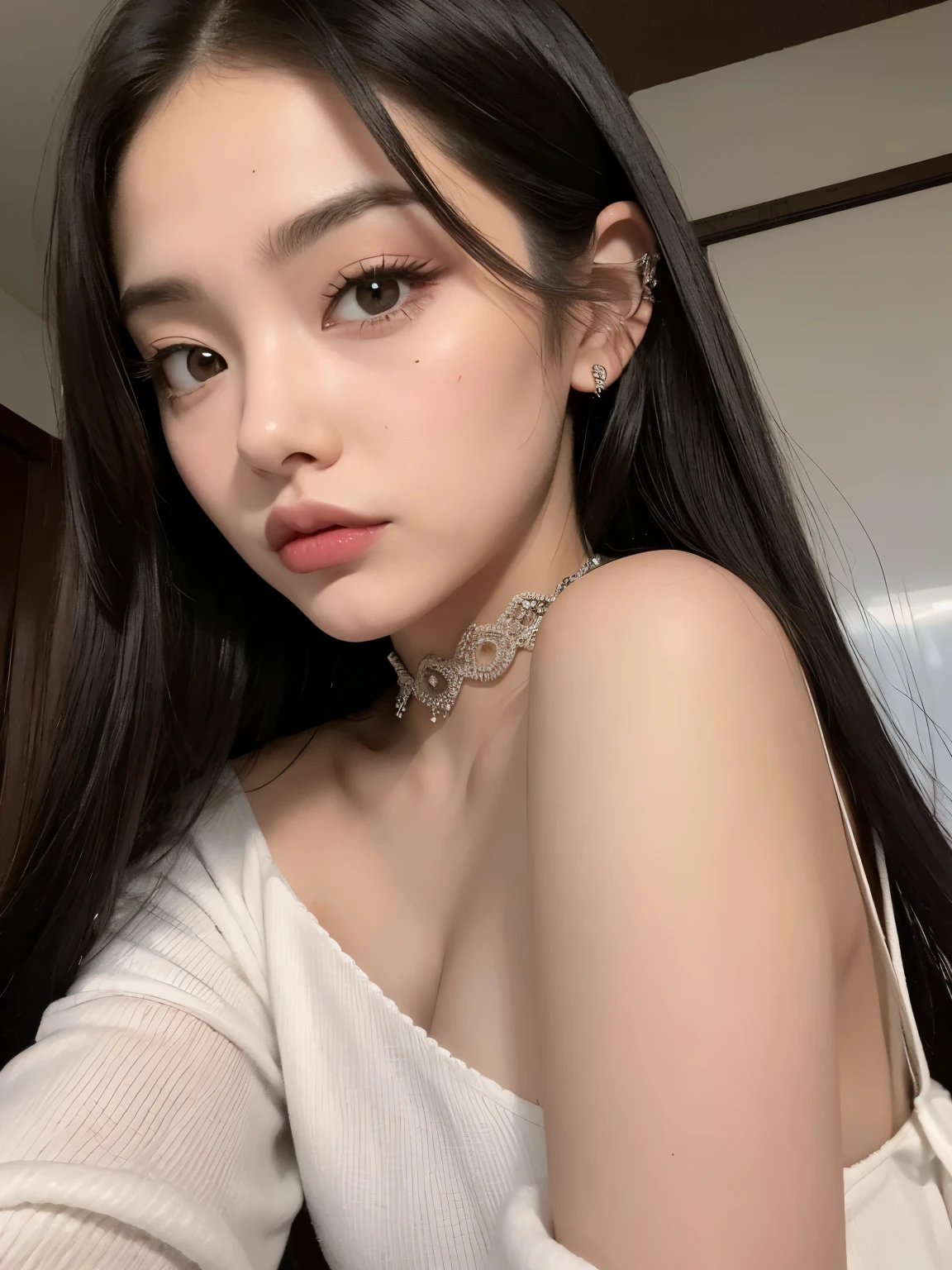 Kim Jennie con el cabello negro oscuro, con rulos en las puntas del cabello negro oscuro, con un ganchito de estrella en el cabello negro oscuro, ojos de color claro, ojos bonitos, ojos llorosos, nariz bonita y respingada, labios bonitos, labios rosas, heart and cupid shaped lip, piel bonita, pale, piel blanca, con lunares y pecas en todo el rostro, rubor rosa suave en las mejilla, rubor rosa natural, dark and gothic makeup, Jennie gotica, mientras ella esta con un chico lindo a su lado, with a cute asian boy standing next to her, mientras hay un torso de hombre, mientras el hombre'His hand is on his jaw.., manos bonitas de hombre, with a gothic boy, cuellos bonito, cuello marcado, frown, mirada enojada, con un collar de beso, un collar bonito de beso, mientras sus pezones son notorios (pechos grandes, pechos suaves, pechos bonitos, pechos naturales), con un vestido blanco, vestido corto y transparente, visible on the nipple, con un chico a su lado, con su novio, mirando a la camara, autofoto