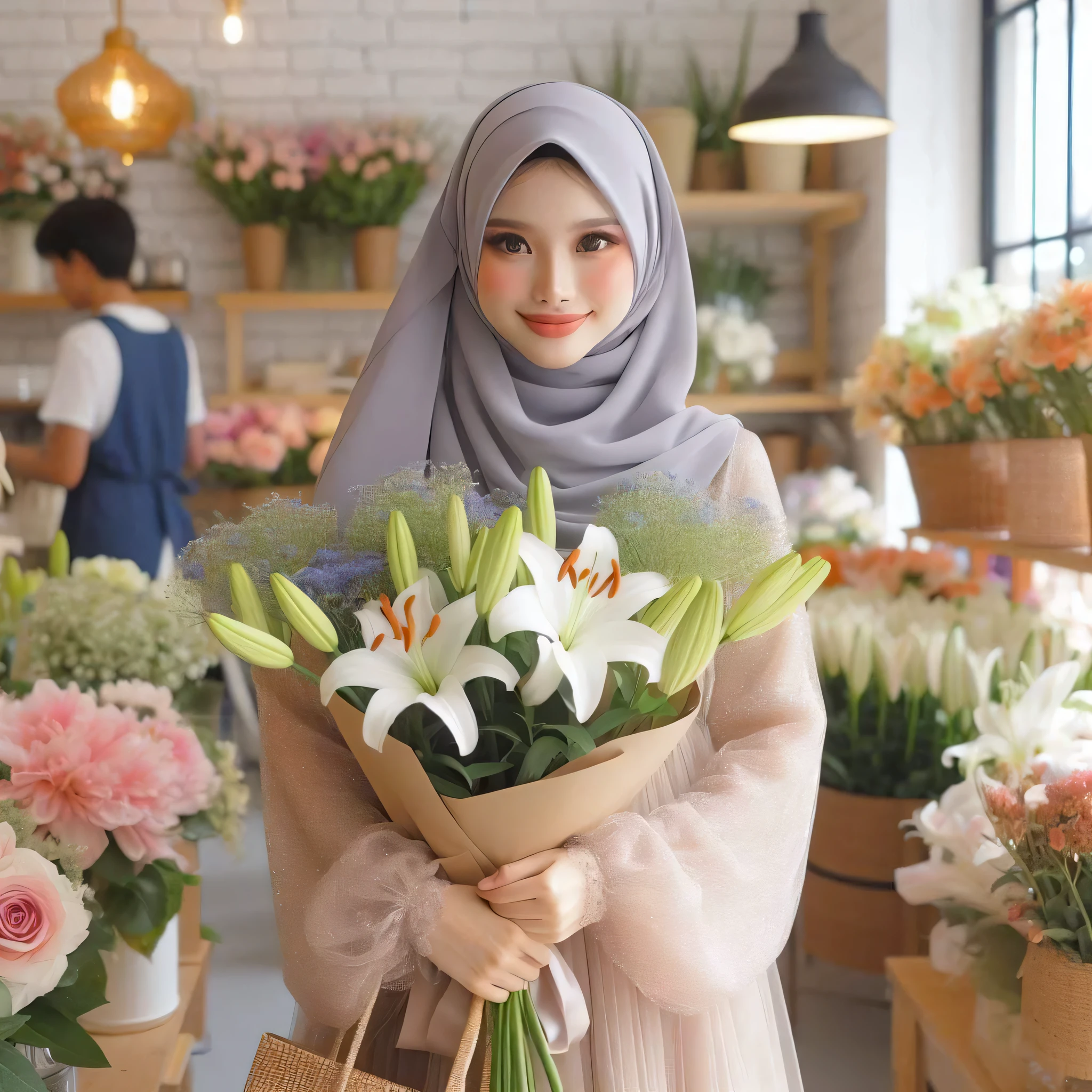 there is a woman holding a bouquet of flowers in a flower shop, with flowers, hijab, white hijab, holding flowers, handsome girl, beautiful image, lovely woman, lovely, malaysian, carrying flowers, beautifully, attractive girl, lily frank, inspired by Fathi Hassan, wearing a hoodie and flowers, beautiful aesthetic, flower shop scene, sakimichan