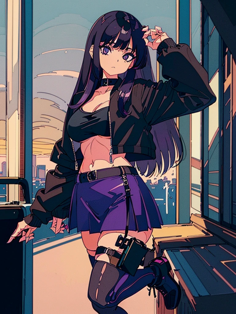21yo girl, black hair, long updo Hair, bangs, stands in an elevator, wearing a black lace bra and blue revealing jacket, pleated skirt. She has long, dark purple hair and striking purple eyes. Plumpy, Her expression is neutral with a hint of shyness. The background shows a scenic view through the elevator's windows.