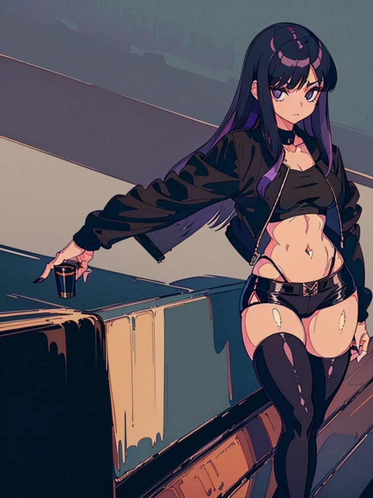 1990s, (masterpiece), high-definition, detailed face, cute girl, abs, (big tits: 1.4) big hips, round ass, (black hair with dark purple highlights: 1.4), (tight grey t-shirt: 1.4), (black jacket: 1.4), (purple tight skirt: 1.3), belt, (black thong: 1.2), thigh high stockings, boots, fishnet, pin-up pose, balcony