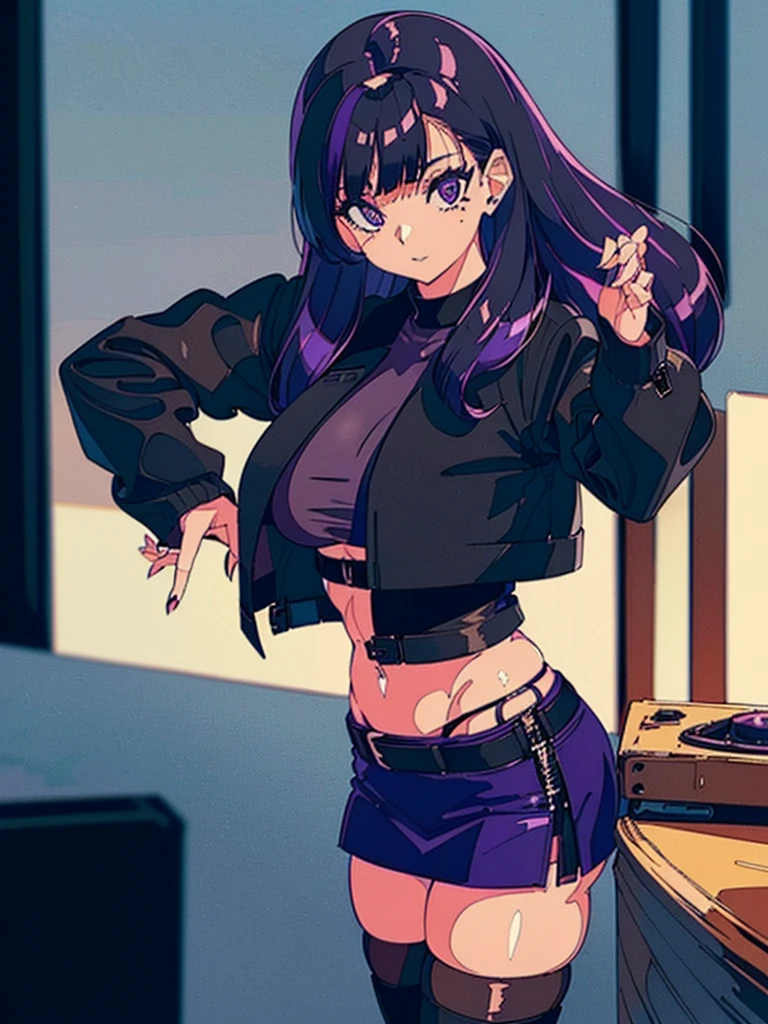 1990s, (masterpiece), high-definition, detailed face, cute girl, abs, (big tits: 1.4) big hips, round ass, (black hair with dark purple highlights: 1.4), (tight grey t-shirt: 1.4), (black jacket: 1.4), (purple tight skirt: 1.3), belt, (black thong: 1.2), thigh high stockings, boots, fishnet, pin-up pose, balcony