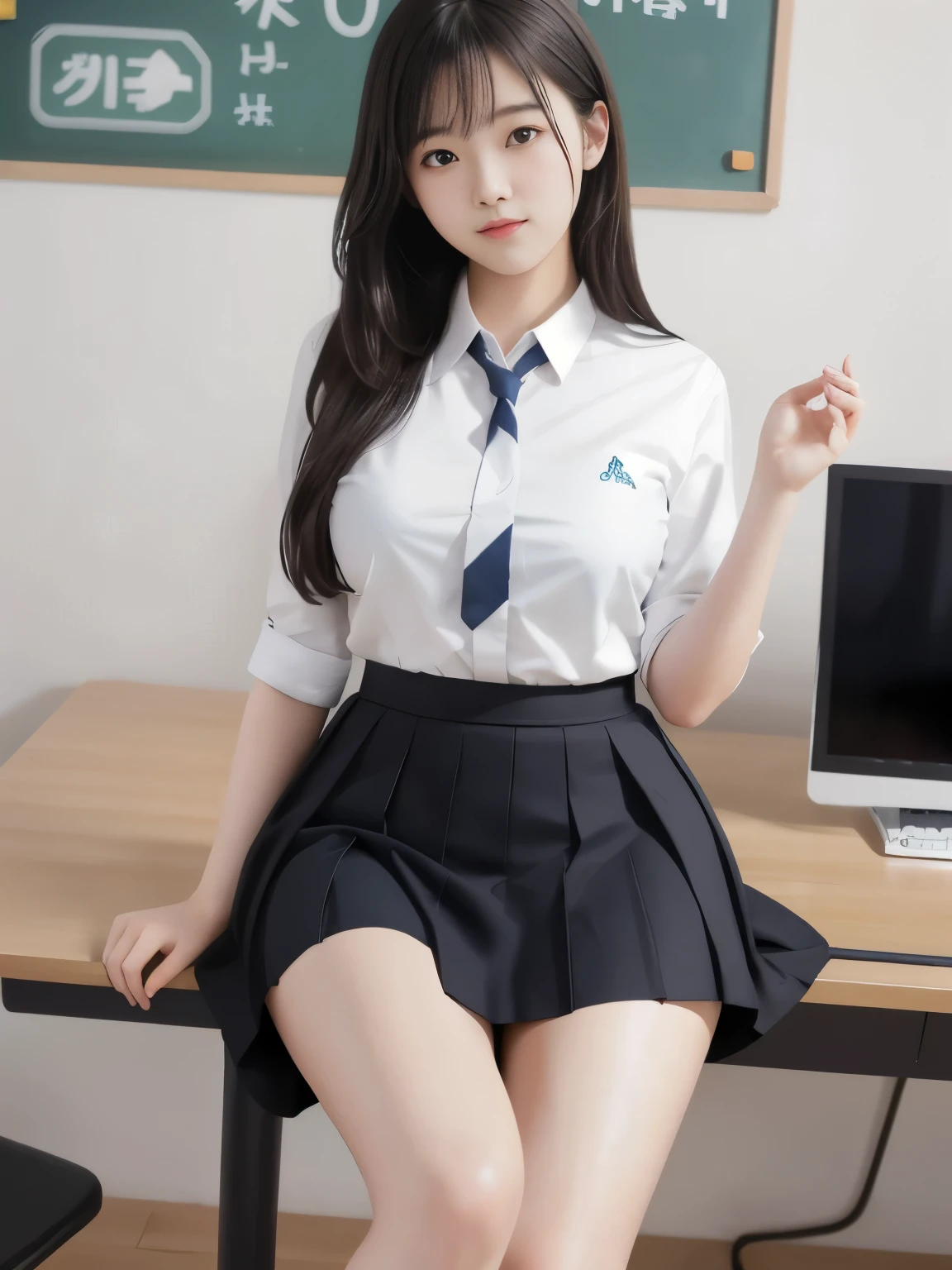 school uniform、high 、big and full breasts、plump thighs、lift up your skirt、Pull up your skirt with your hands、I can see your pants、show underwear、spread legs:1.5、spread legs:1.5、M字spread legs:1.5、get up、physical education sitting、put one leg up on the desk、stand on one knee、two legs