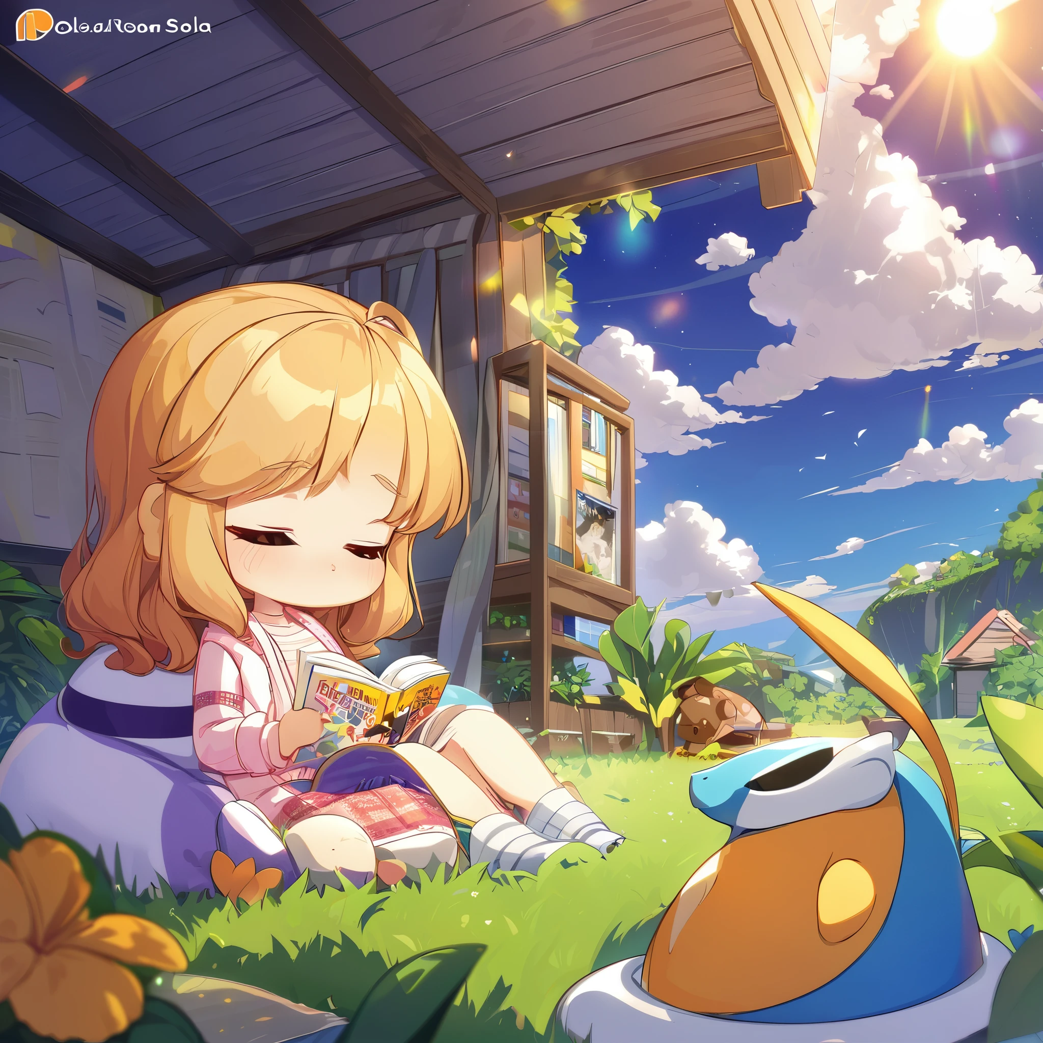 Una chica sentada en un espacio al aire libre, sola, con sus mascotas en el pasto, reading a book that is about a personal approach to not thinking about tomorrow