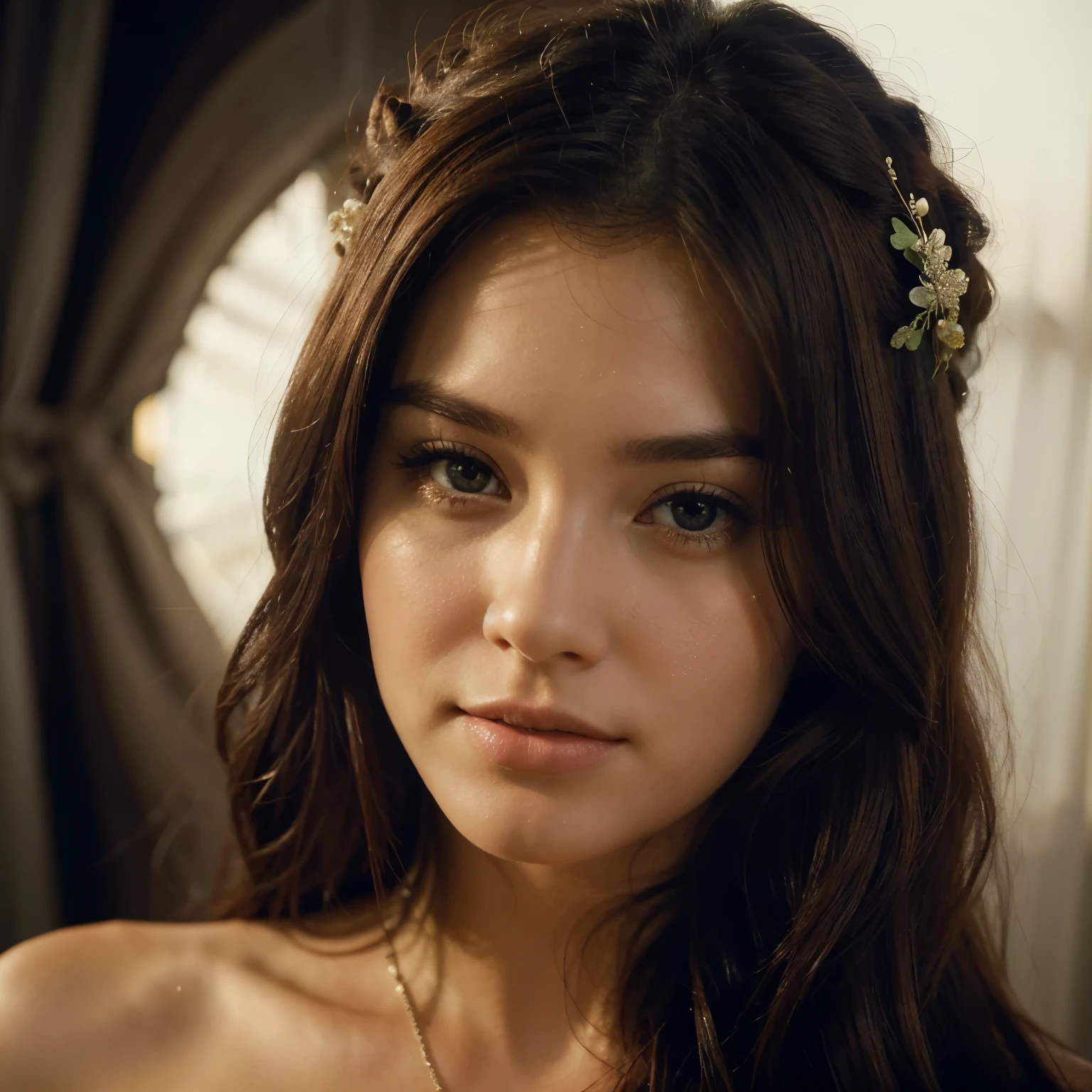 a close up of a woman in a white dress holding a flower,