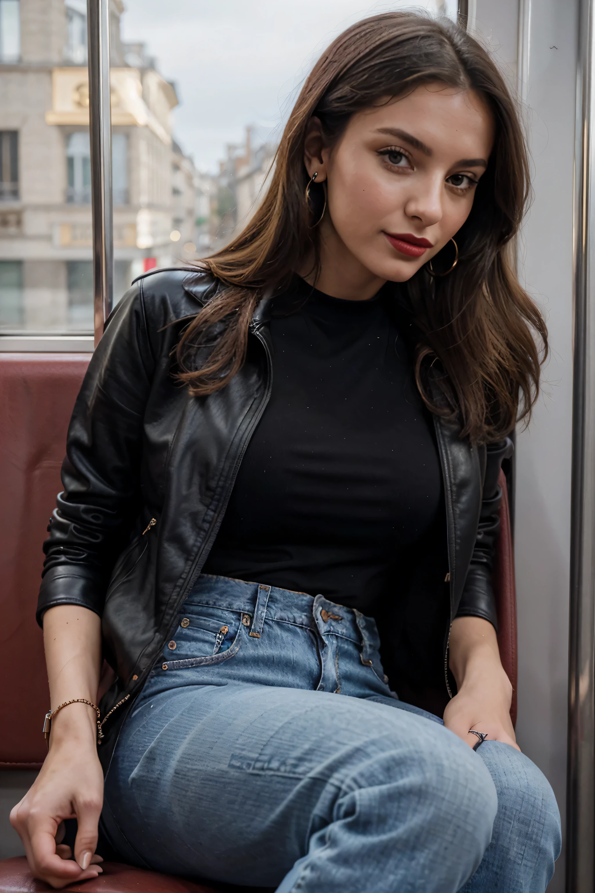 Italian girl 25 years old, beautiful, wonderful, alone, 1 girl, real, very high resolution, 8k, leather jacket, jeans, heels, fabulous body, sensual, provocative, sexy, sitting on the subway in Paris, red lipstick, earrings, t-shirt