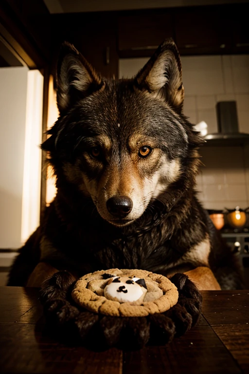 anthropomorphic wolf making cookie
