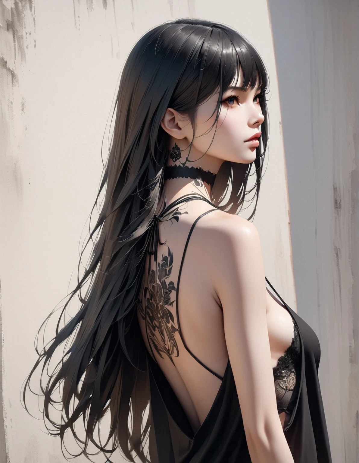 in style of Alexander Archipenko, character, ink art, side view ，(best quality,4k,8k,highres,masterpiece:1.2),ultra-detailed,(realistic,photorealistic,photo-realistic:1.37),simple modern art,close-up of a woman with lotus tattoo on her neck, flowing black long hair, black minimalist clothing, pure and smooth skin, slender and beautiful eyes, by Mei Qing, elegant and beautiful digital art, exquisite digital illustration, beautiful portrait, watercolor painting combined with photography, rendered with high octane value.
