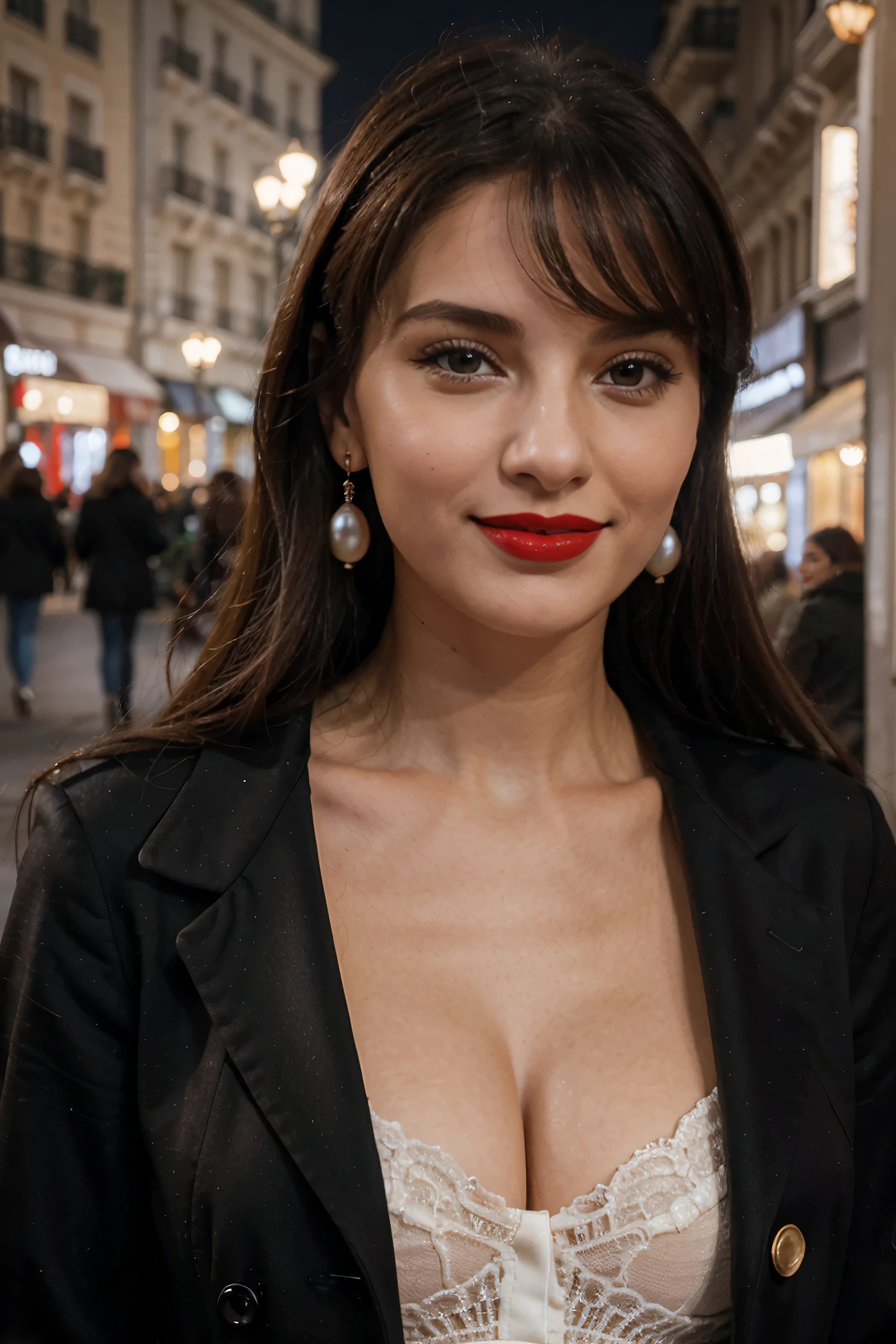 Italian girl 25 years old, beautiful, wonderful, walk in the center of Paris, 1 girl, real, very high resolution, 8k, elegant coat, luxury, Champs-Élysées, pearl earrings, elegant, red lipstick, light smile, night