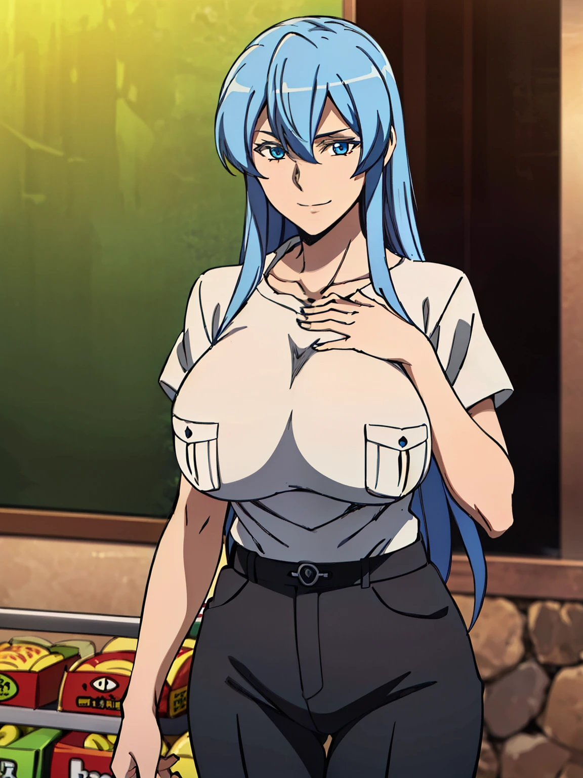 (white t-shirt with bear face on her chest), black short pants, (grocery store background), esdeath, anime cels style, best quality, high resolution, 1girl, (huge breasts:1.2), mature women, blue hair, long hair, (blue eye), blue eyebrow, beautiful face, (cowboy shot), looking at viewer, smiling