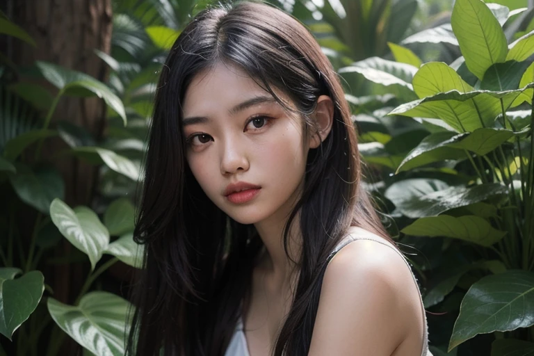 A girl posing outdoors in lush jungle, in the style of soft, hazy brushstrokes, chinapunk, colorful portraits, dark brown and silver, wavy, asian-inspired, soft edges